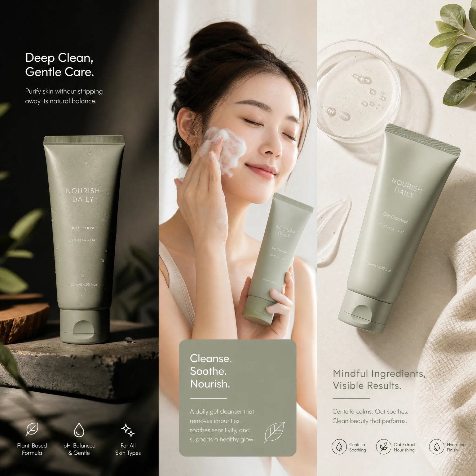 Triptych ad campaign concept showing the same product from three advertising angles