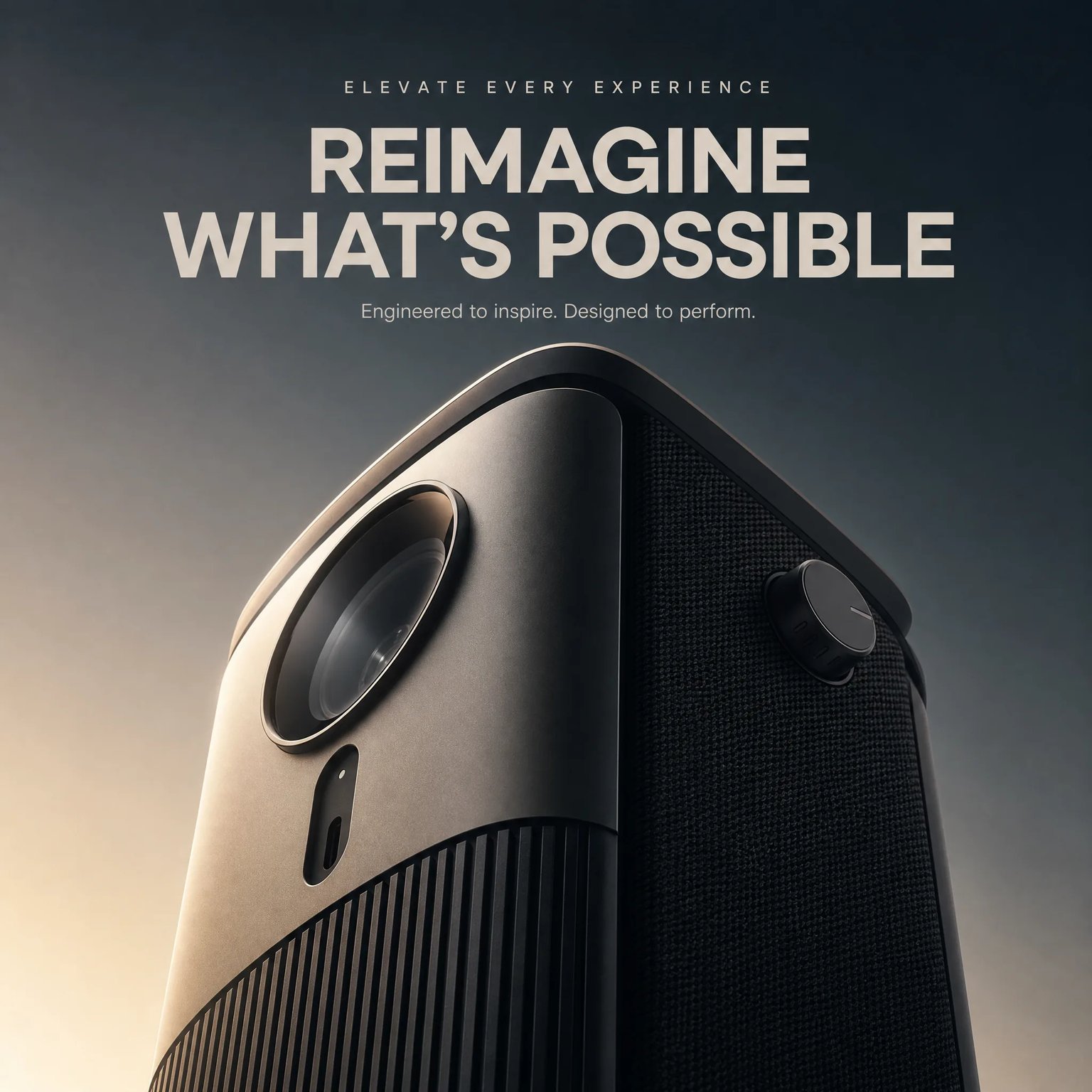 Minimalist luxury tech product advertising poster concept with dramatic low-angle lighting