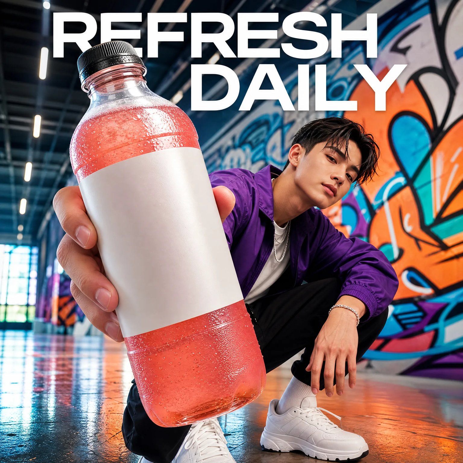 Bold streetwear social ad concept with a model, oversized headline text, and a Shop Now callout