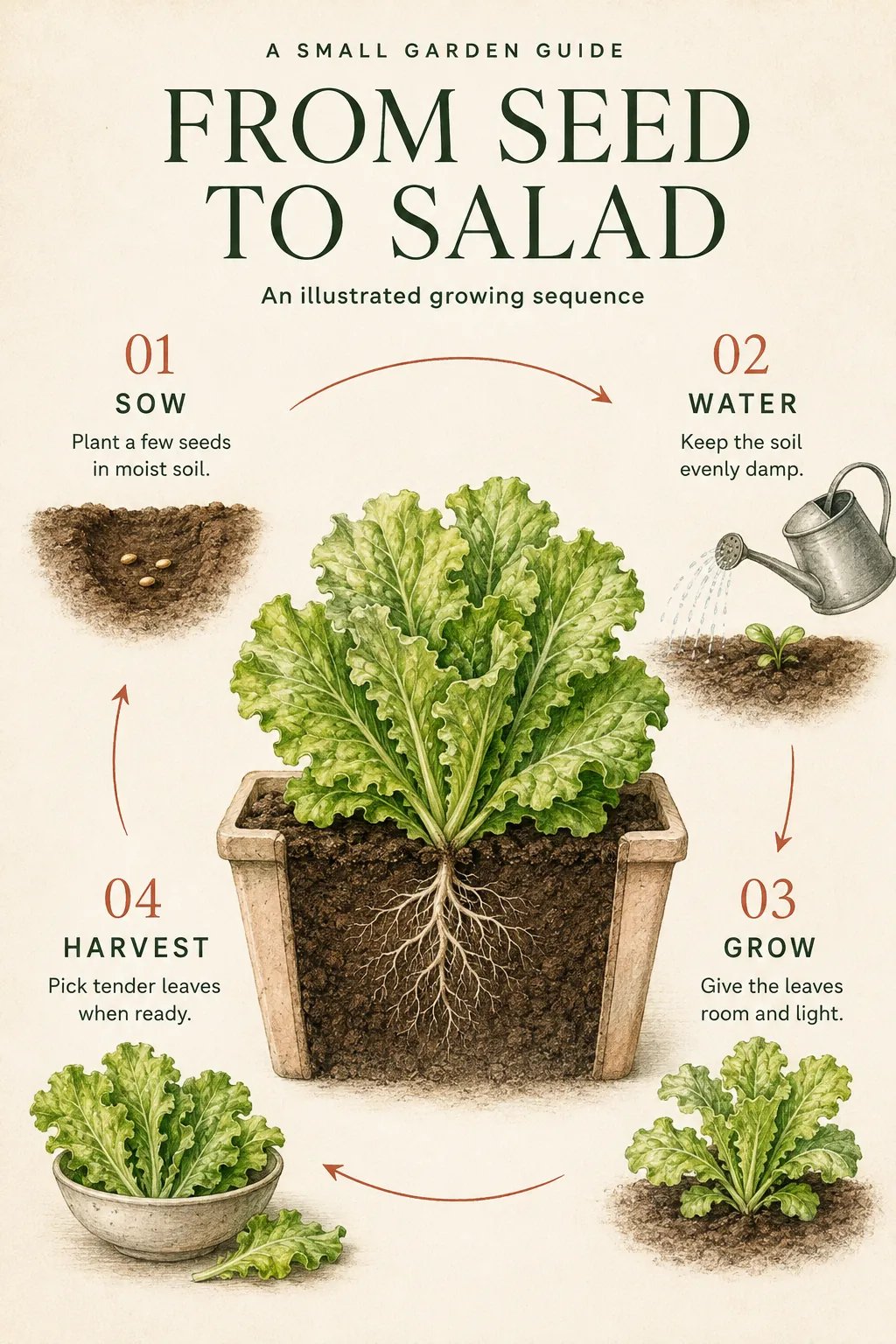 From Seed to Salad infographic with four illustrated steps: sow, water, grow, and harvest.