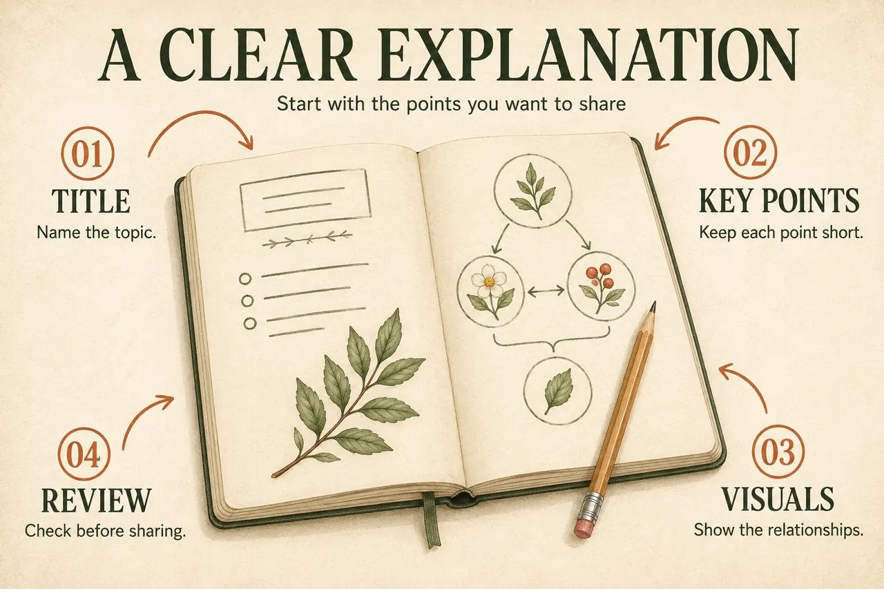 Illustrated guide to a clear explanation using a title, key points, visuals, and review.