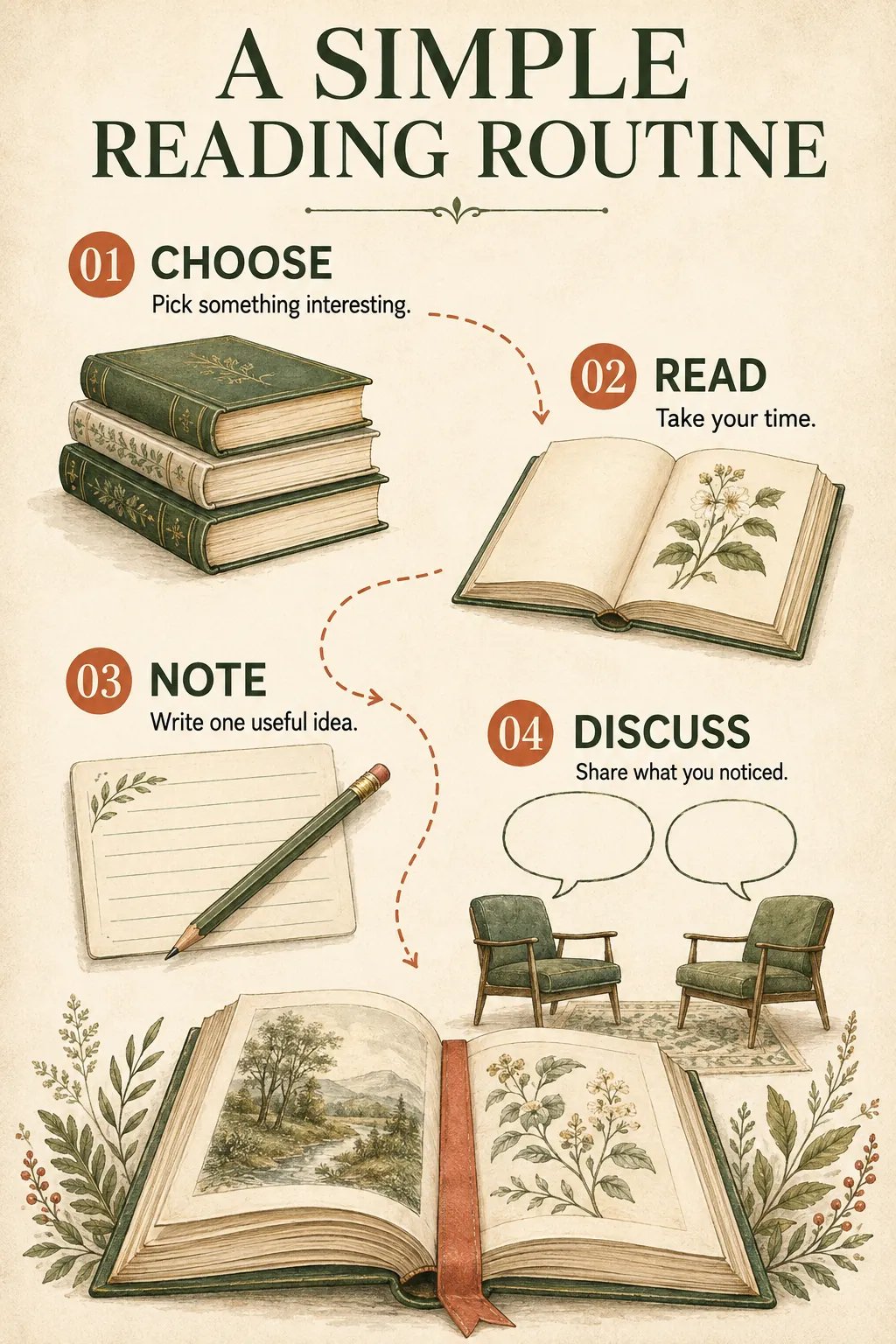 Reading routine infographic showing choose, read, note, and discuss around an open book.