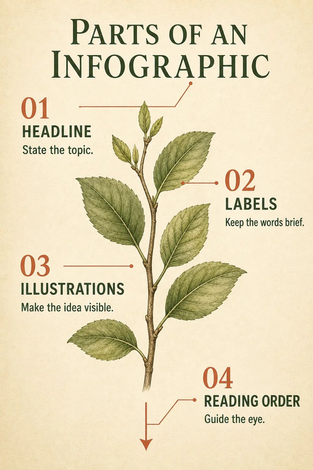 Annotated infographic showing a headline, labels, illustrations, and reading order.