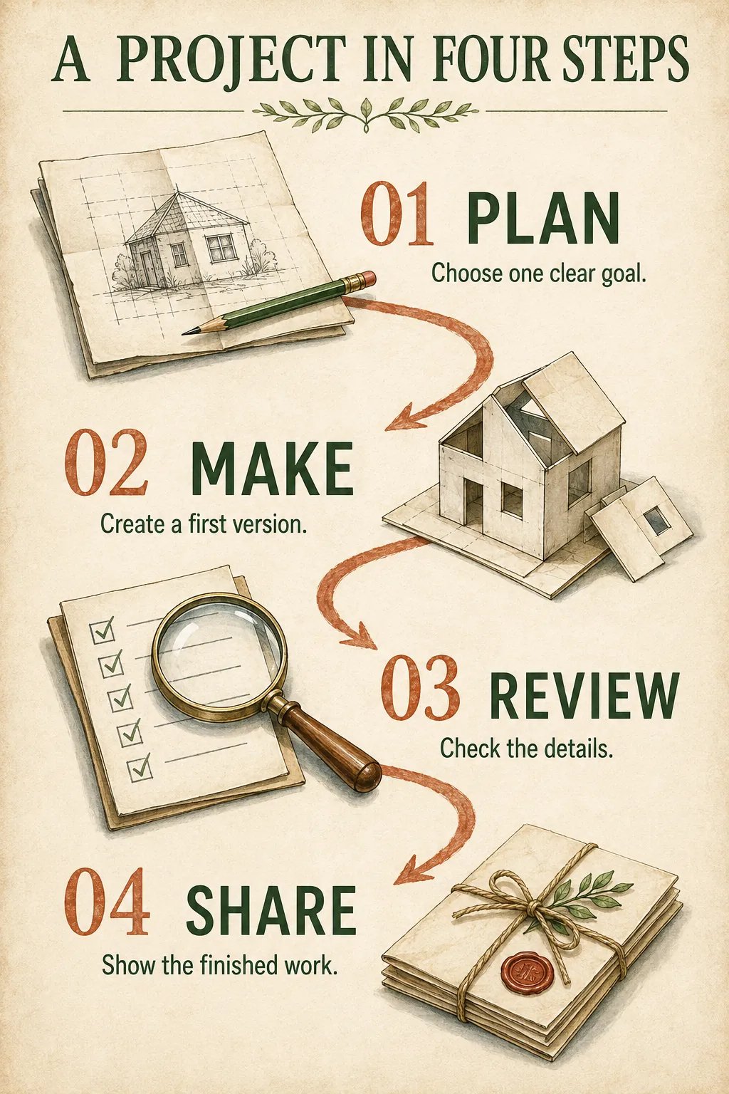 Four-step project infographic illustrating plan, make, review, and share.