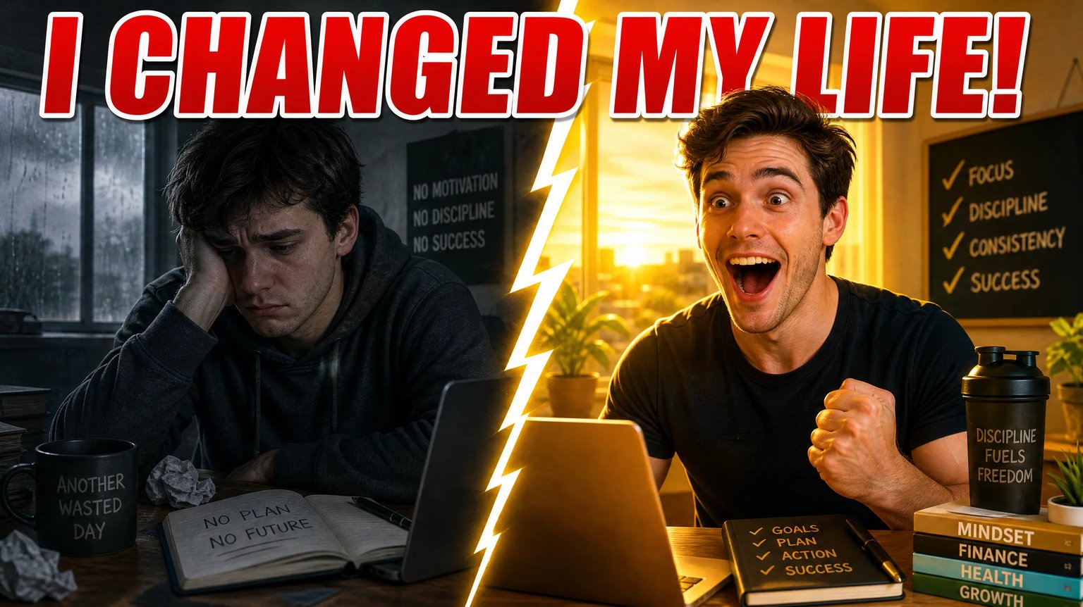 Split-screen before and after comparison thumbnail concept