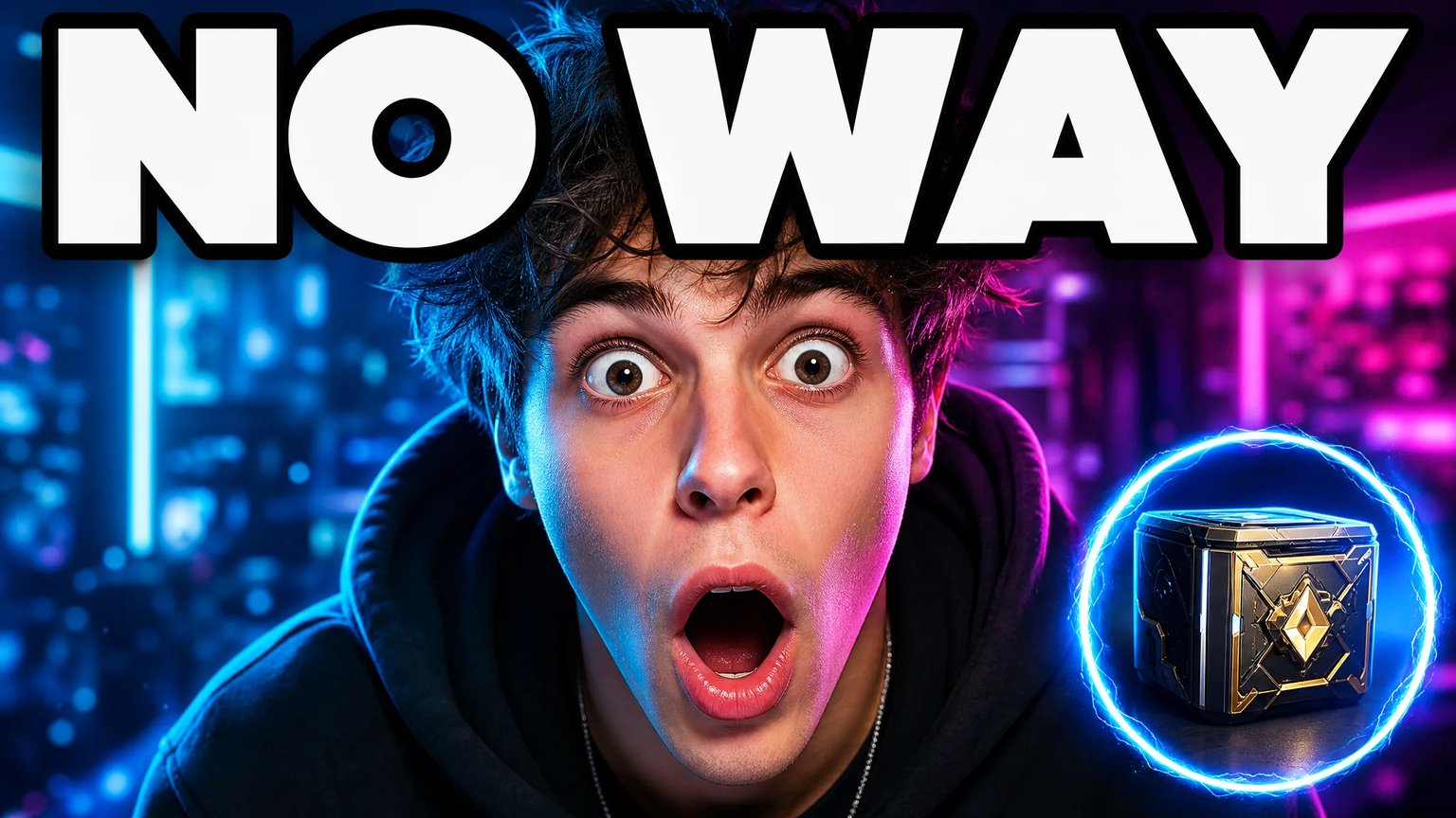 Bold YouTube thumbnail concept of a content creator with a shocked expression, oversized yellow headline text, and a red arrow pointing to a glowing mystery box