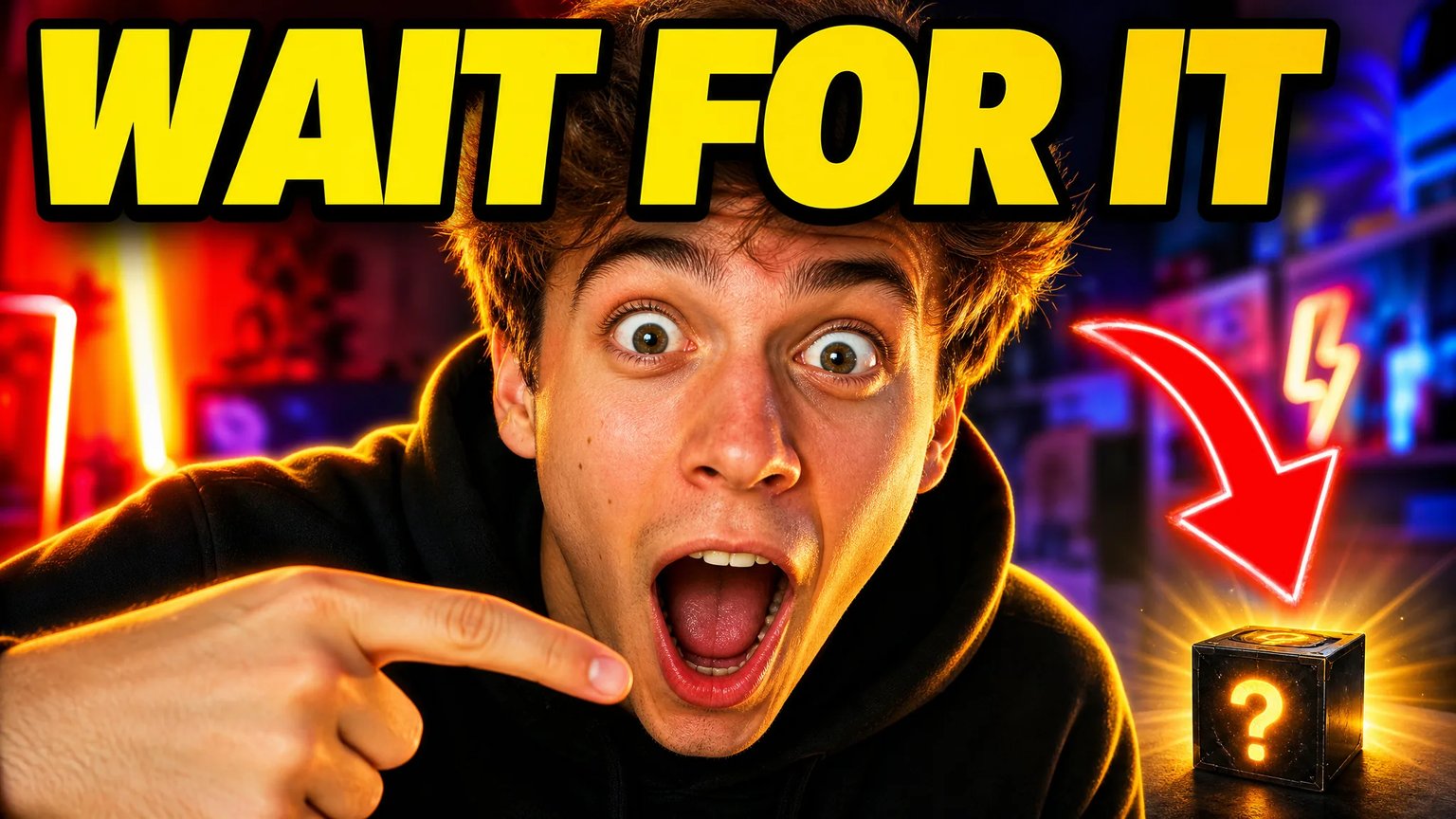 Bold YouTube thumbnail concept of a content creator with a shocked expression, oversized yellow headline text, and a red arrow pointing to a glowing mystery box
