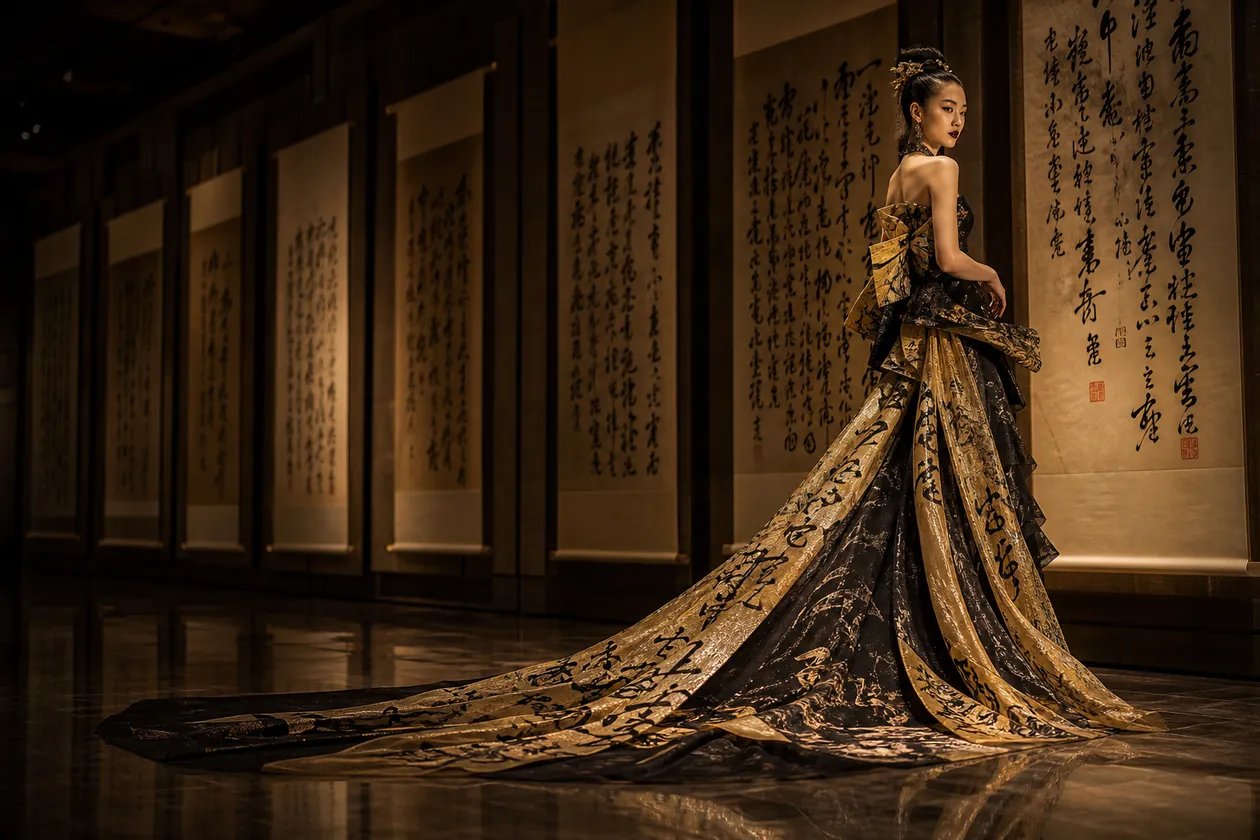 A calligraphy haute-couture portrait in a different art style, showing how each nabn image model renders a prompt its own way
