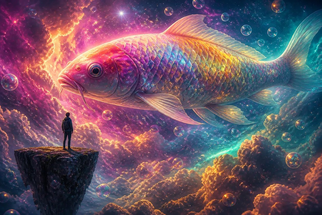 A cosmic koi soaring over a nebula, generated from a text prompt with nabn's AI image generator