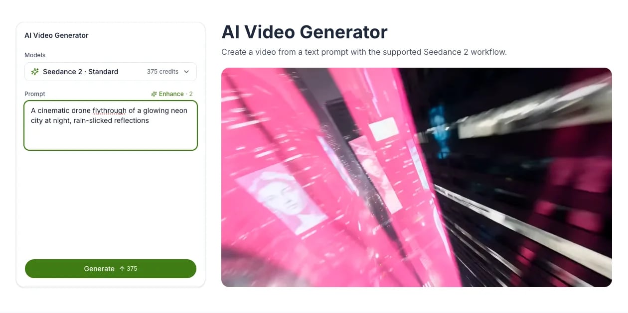 nabn AI video generator creating a video from a text prompt with Seedance 2