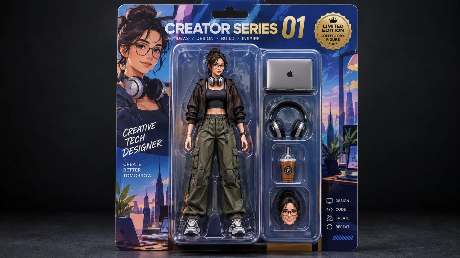 AI action figure generator displaying a 1:12 scale articulated creator action figure inside a molded plastic blister pack with 4 miniature accessories