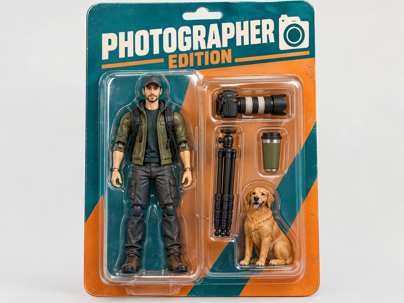 Custom Starter Pack Blister Card Action Figure of a photographer with DSLR camera, tripod, coffee tumbler, and golden retriever figure in separate molded compartments