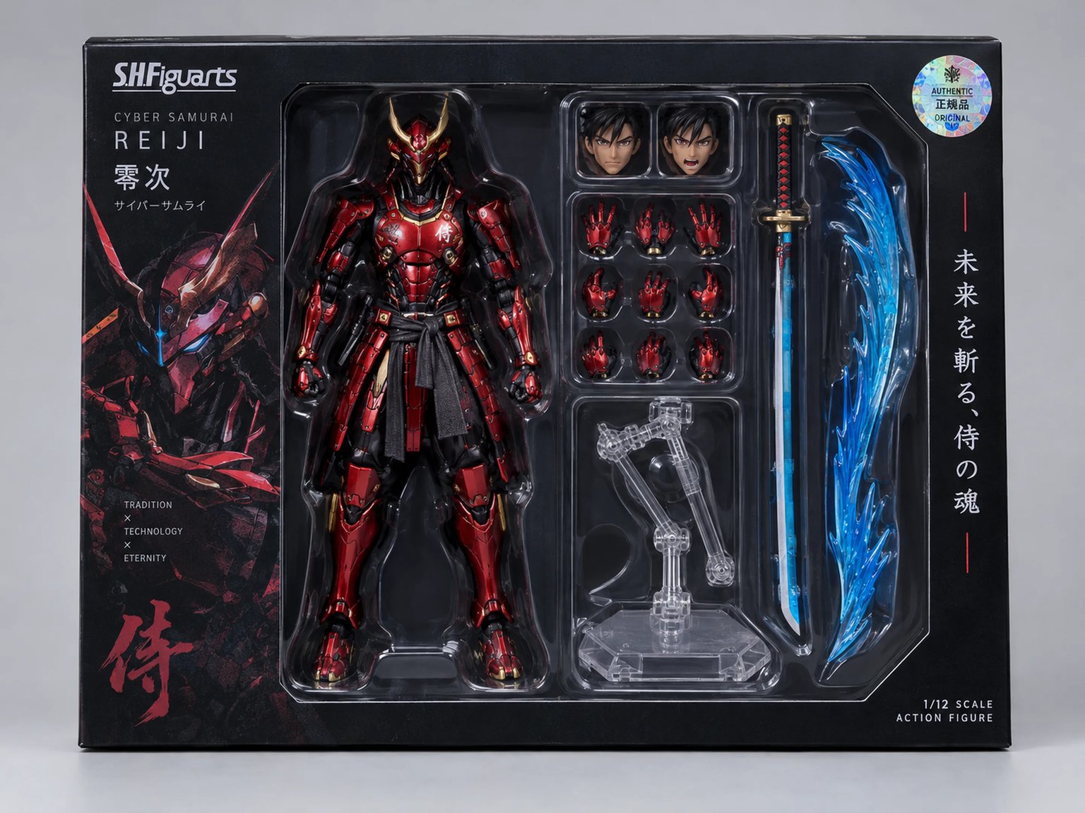 Japanese 1:12 scale collector window box action figure of an anime cyber-samurai with interchangeable hands, expression faceplates, and katana effect part