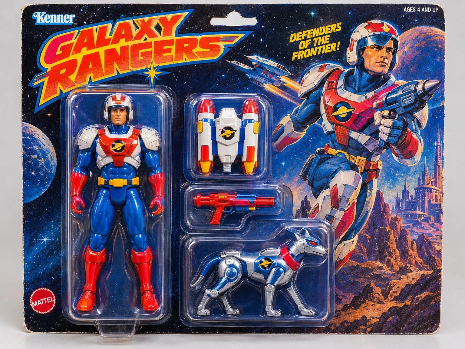 1980s vintage mint-on-card retro space ranger action figure with plastic cyber-hound pet figure and laser blaster on an illustrated cosmic cardback