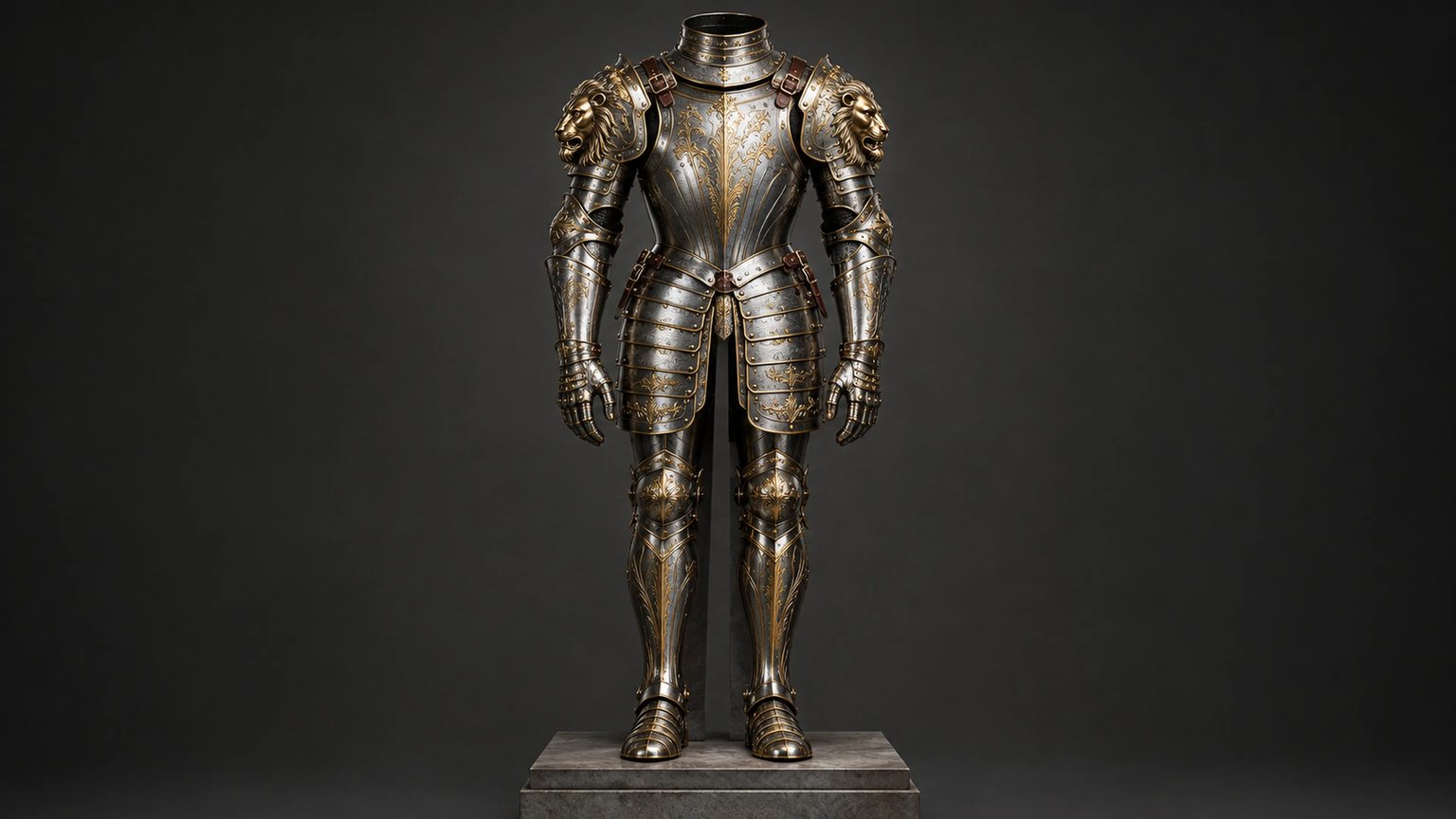 AI armor generator showing masterwork 4K fantasy knight plate armor concept art with Damascus steel and gold engravings
