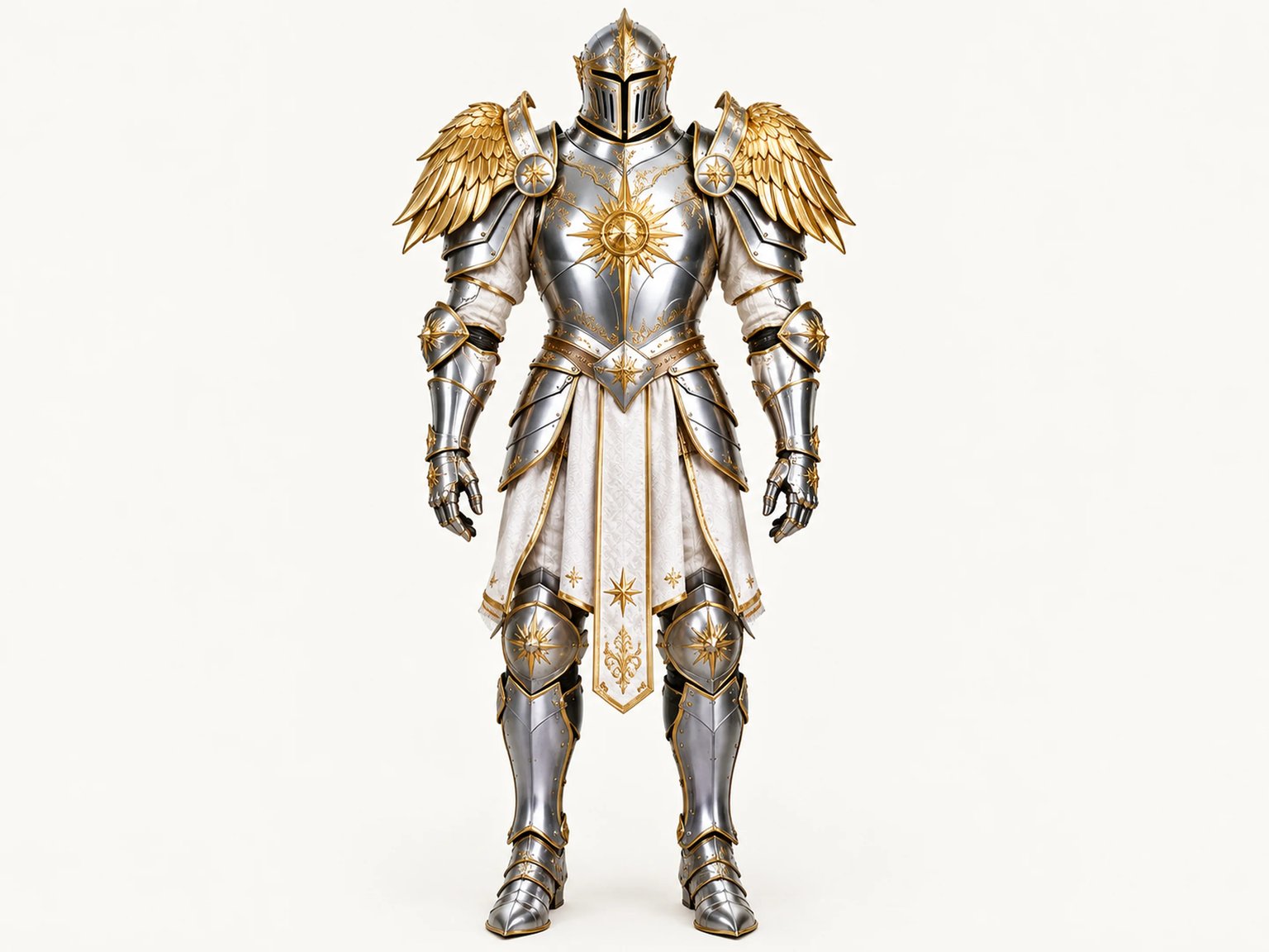 High fantasy paladin sacred plate armor display with gold solar crest and winged pauldrons on clean off-white background