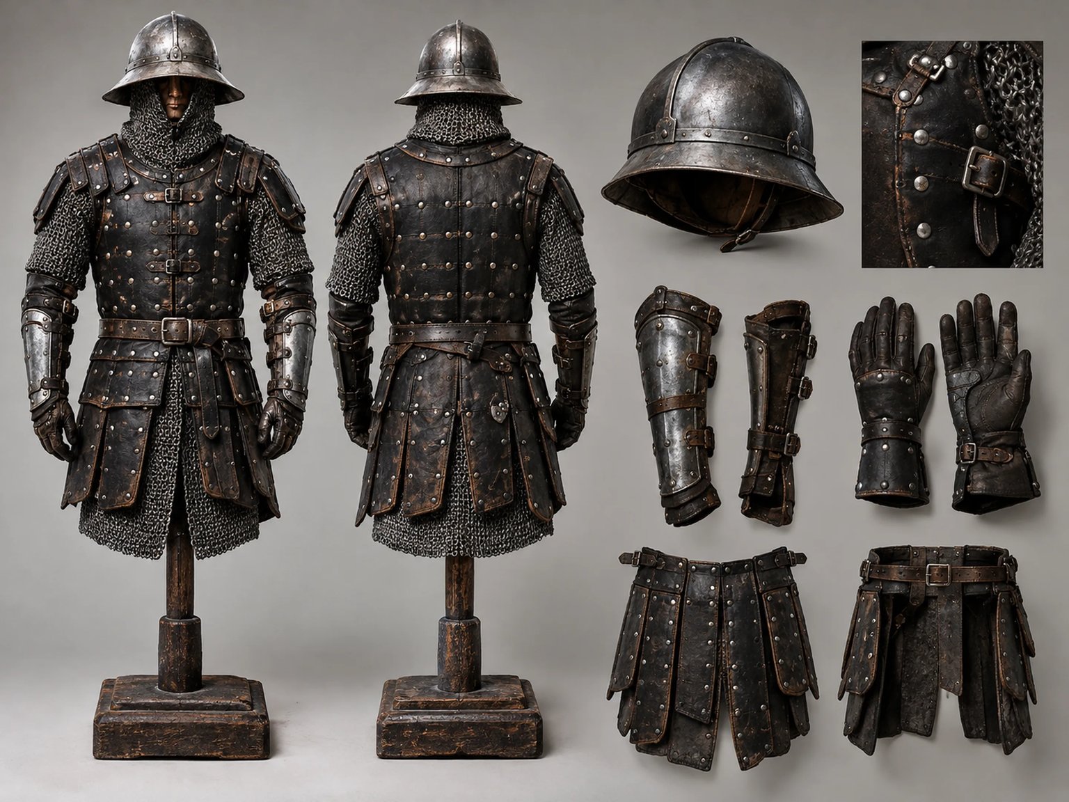 Historically practical ranger brigandine and chainmail armor set with steel rivets on clean neutral background