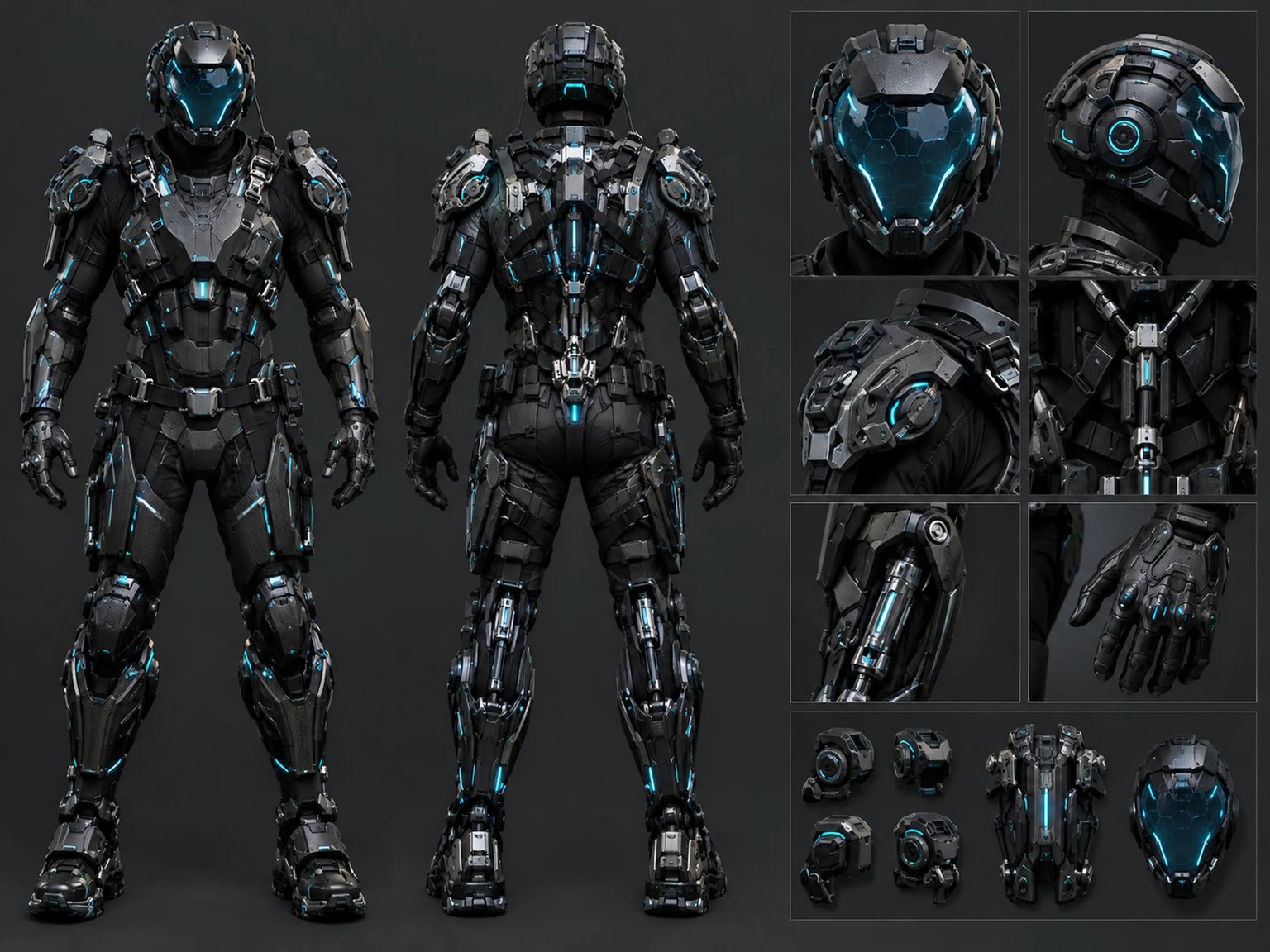 Futuristic tactical exosuit power armor with carbon-fiber plating and glowing cyan conduits on minimal dark background