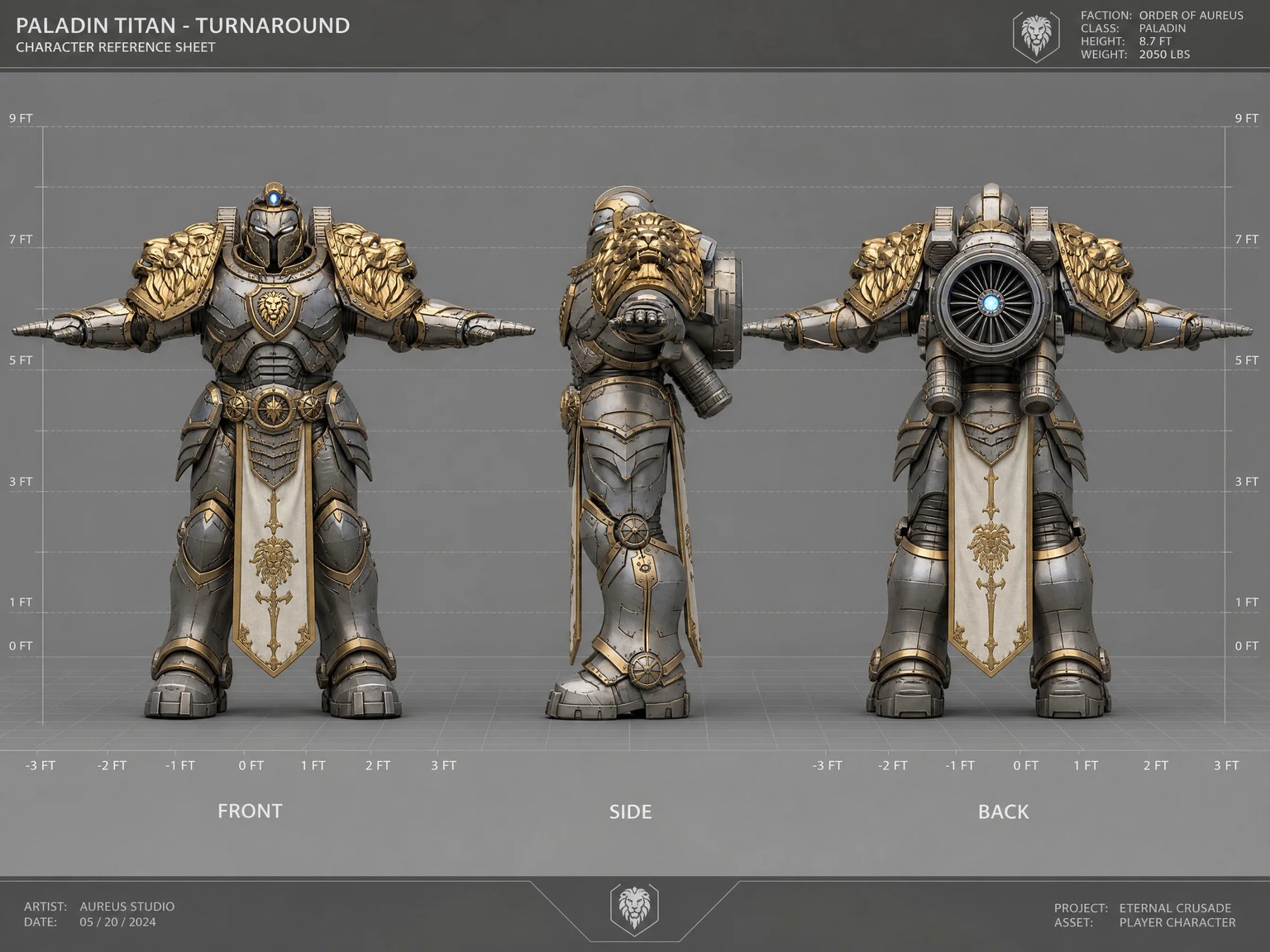 3D game production character turnaround reference sheet of a heavy armored futuristic paladin in neutral T-pose