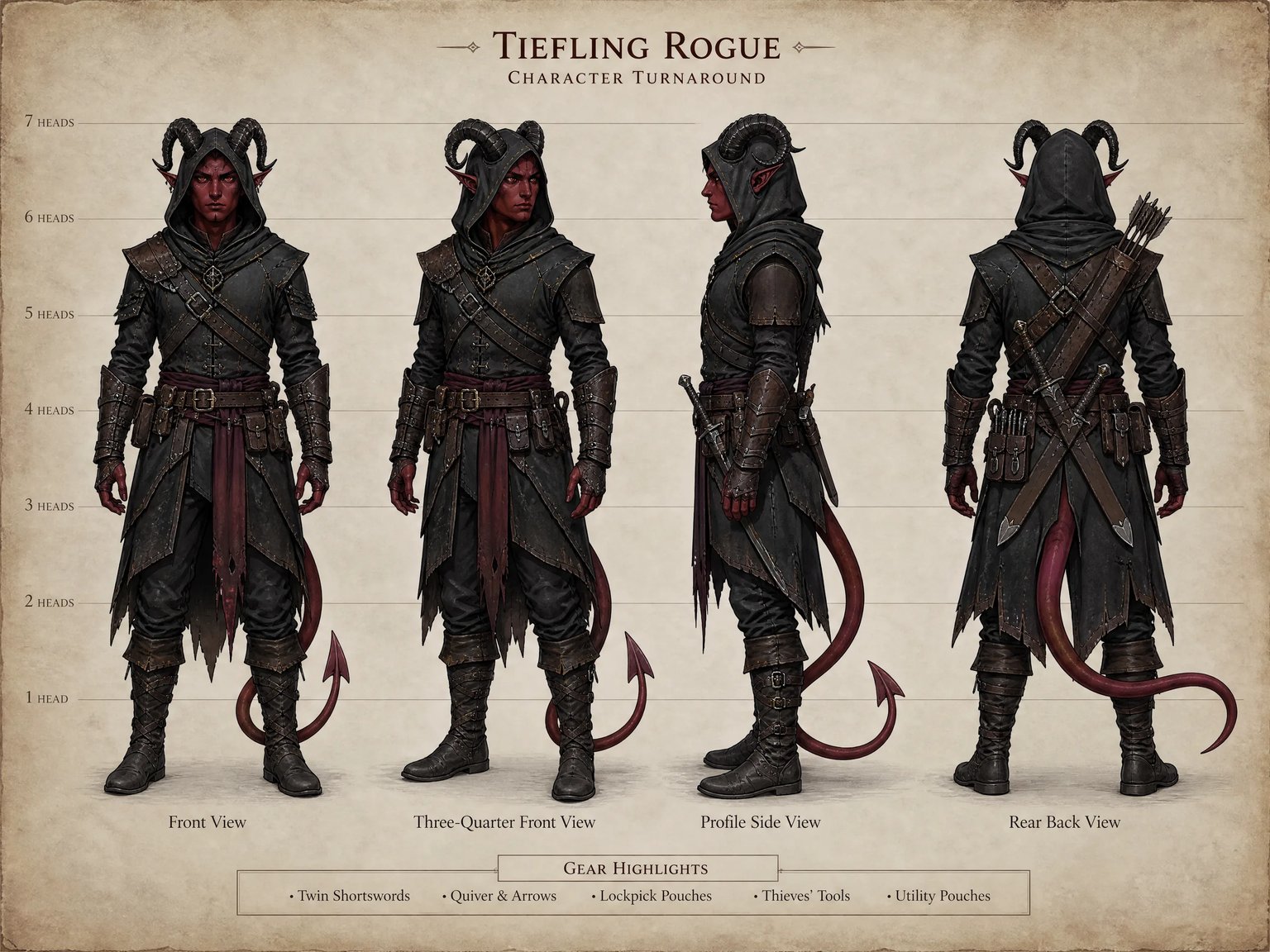 Tabletop fantasy RPG character turnaround model sheet of a Tiefling rogue adventurer revealing rear gear and tail anatomy