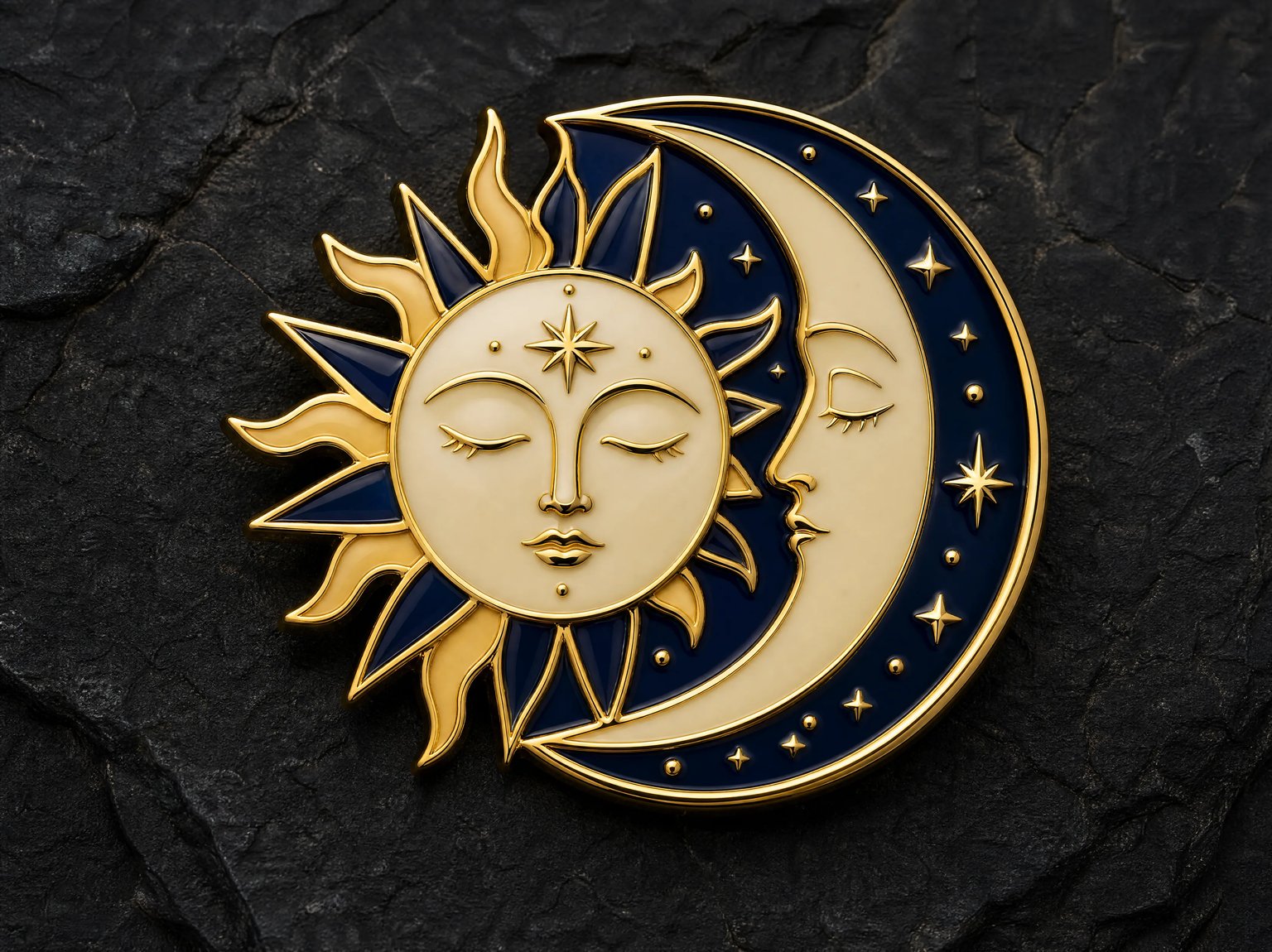 Hard enamel lapel pin with celestial talisman design, polished gold metal lines flush with midnight blue enamel