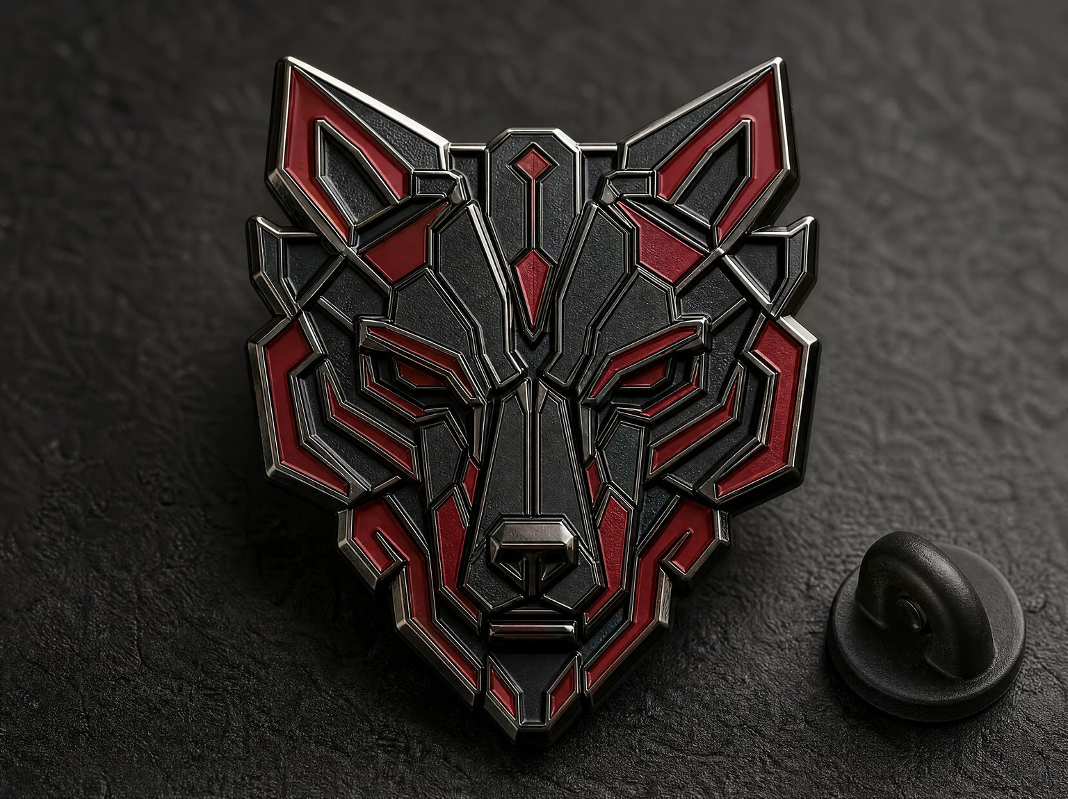 Soft enamel pin with black nickel plating and geometric cyber wolf design, showing raised metal edges and recessed color wells