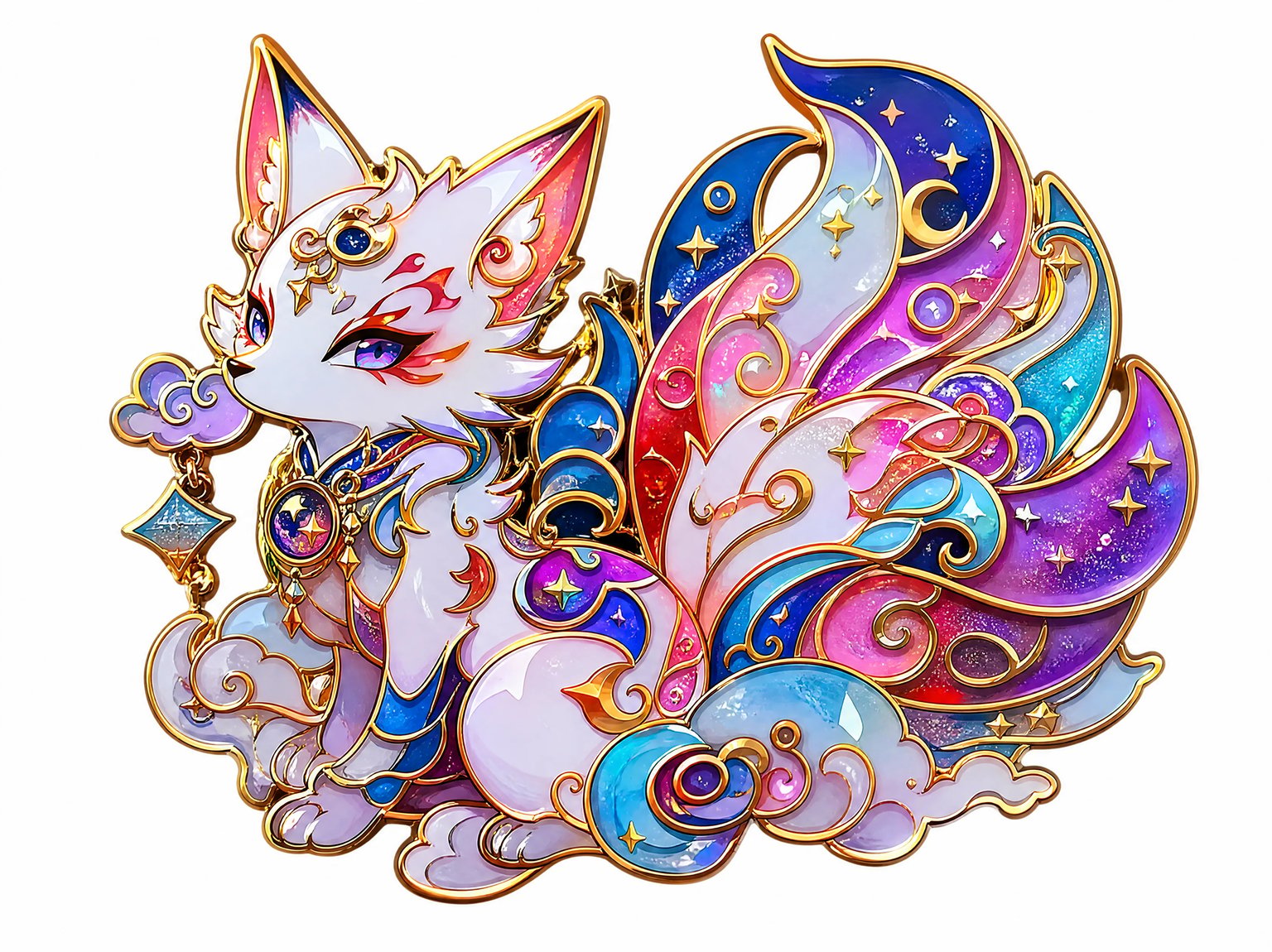 Anime kawaii cosmic fox spirit enamel pin with translucent stained glass enamel and gold filigree wire fences