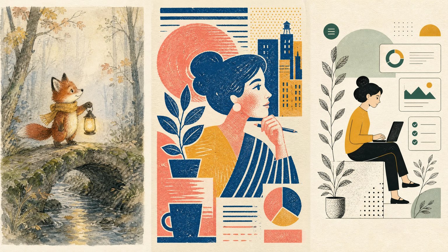 AI illustration generator triptych showing a storybook watercolor fox on a stone bridge, a cobalt and coral risograph editorial portrait with city skyline, and a flat geometric web product designer sitting with a laptop on her lap beside botanical ink stems