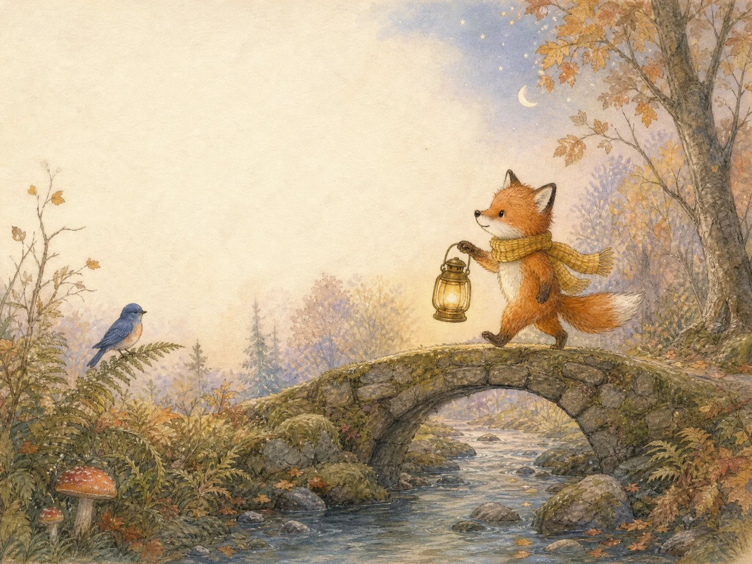 Children's book watercolor illustration spread of a young orange fox in a yellow scarf holding a glowing lantern on a mossy stone bridge facing a bluebird under a crescent moon with cream negative space for story text
