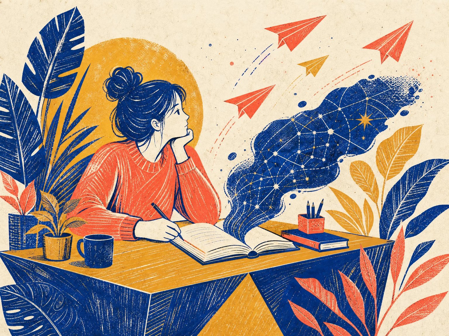 Editorial magazine spot illustration in risograph and linocut style showing a writer in a coral sweater sketching at an ochre and cobalt desk with constellation nodes and paper airplanes