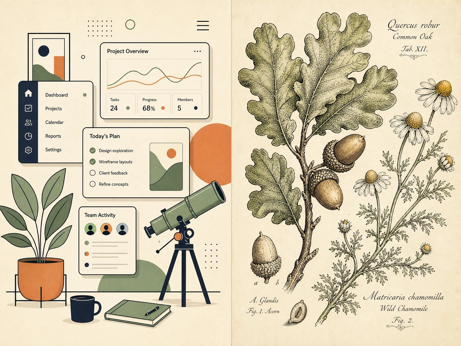 Split illustration showcase featuring a flat geometric web app workspace graphic with floating UI cards and a telescope on the left and a vintage-style botanical ink and watercolor oak and chamomile plate on the right