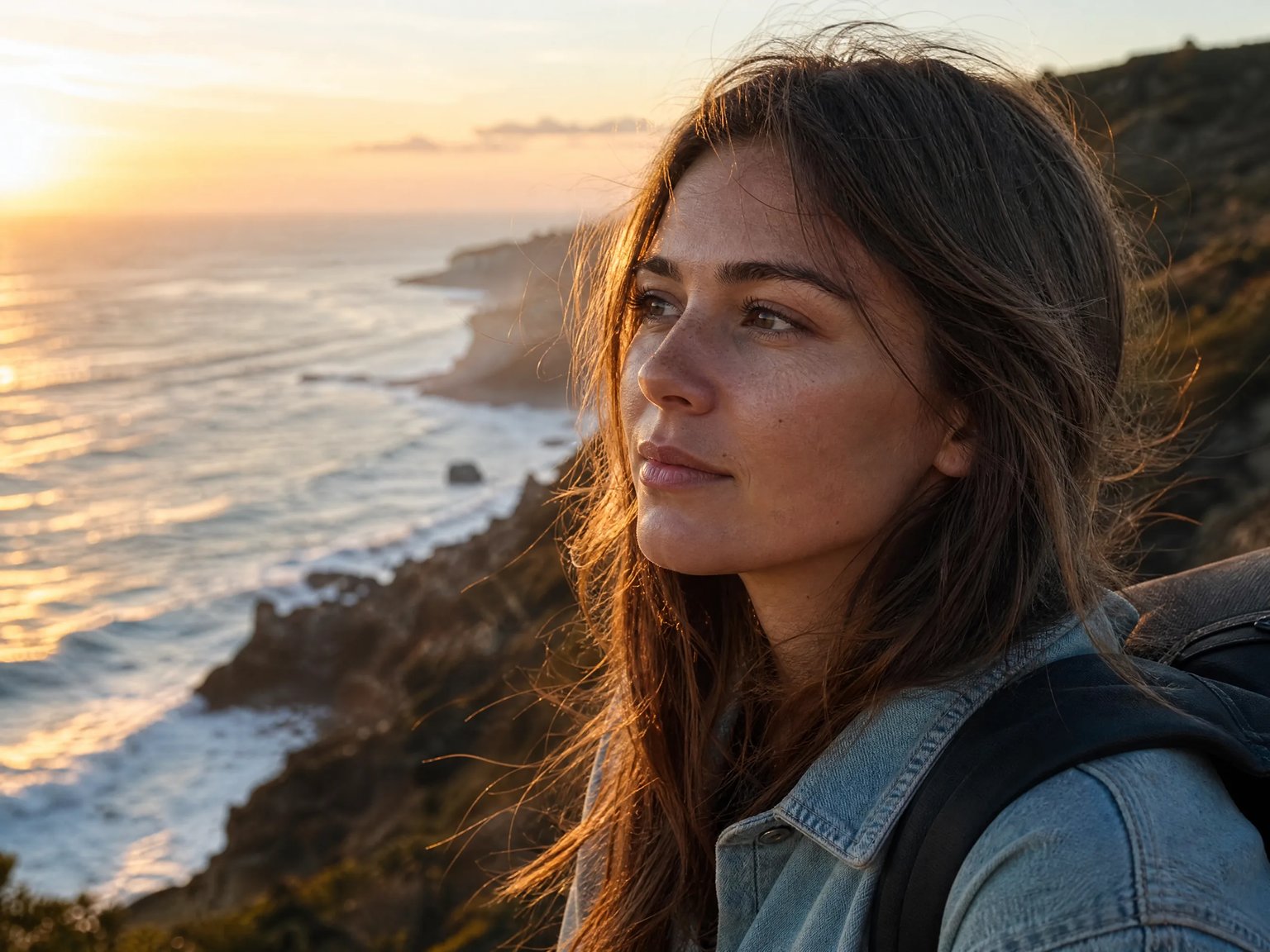 Photorealistic portrait of a young traveler on a coastal cliff with natural eye contact and hair blowing in sunset breeze
