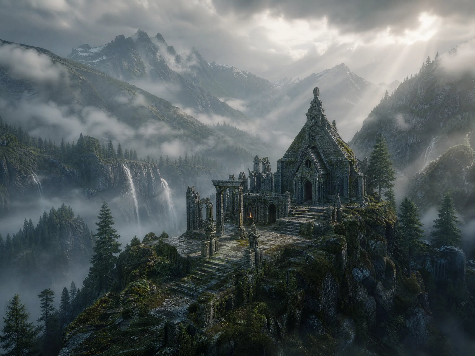 Cinematic wide aerial drone shot of ancient Nordic mountain ruins with rolling mist and cascading waterfalls