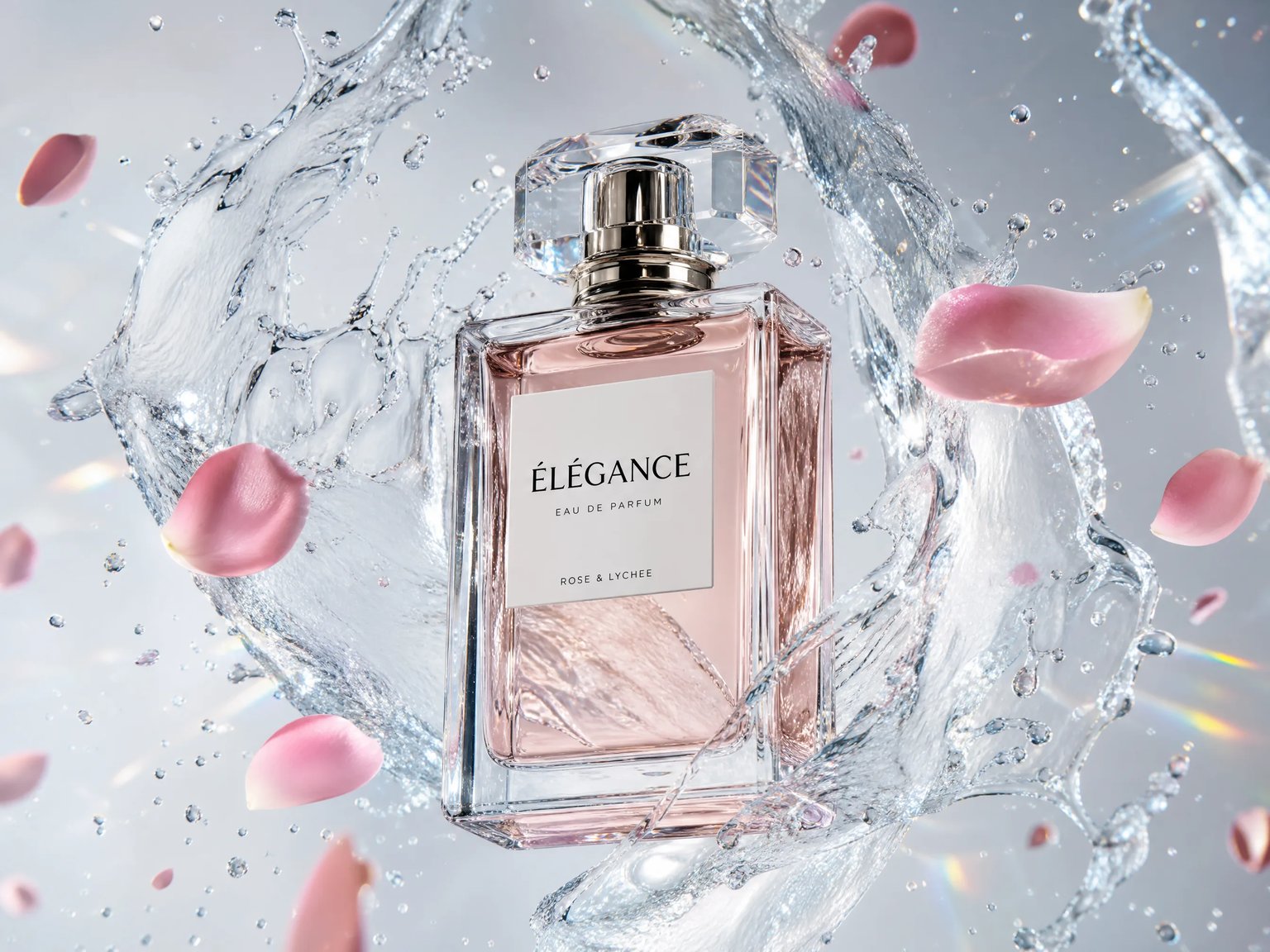 Luxury glass perfume bottle floating with dynamic water splashes and optical light refraction on studio backdrop