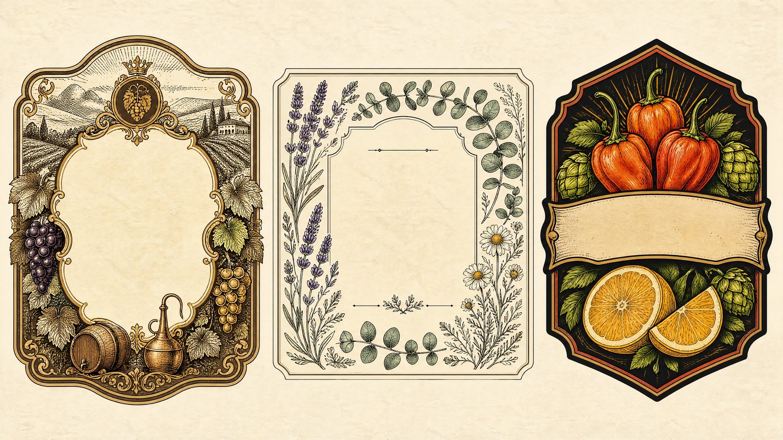 AI label generator showcase displaying three flat 2D packaging labels on cream board: an arched vintage woodcut wine bottle crest with gold filigree border, a botanical apothecary jar label with lavender and chamomile line art, and a craft beer and hot sauce shield badge with chilies, citrus, and hop cones