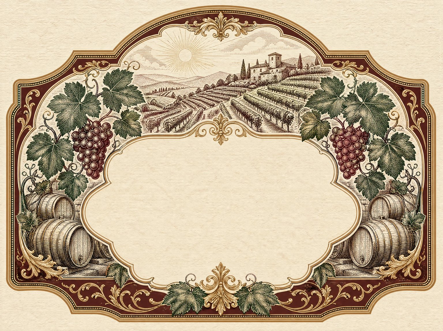 Flat 2D vintage wine bottle crest label on cream cotton paper featuring an arched antique gold filigree border, copperplate woodcut engraving of vineyard terraces, oak casks, and grape clusters at top, and a blank ivory cartouche reserve in the center