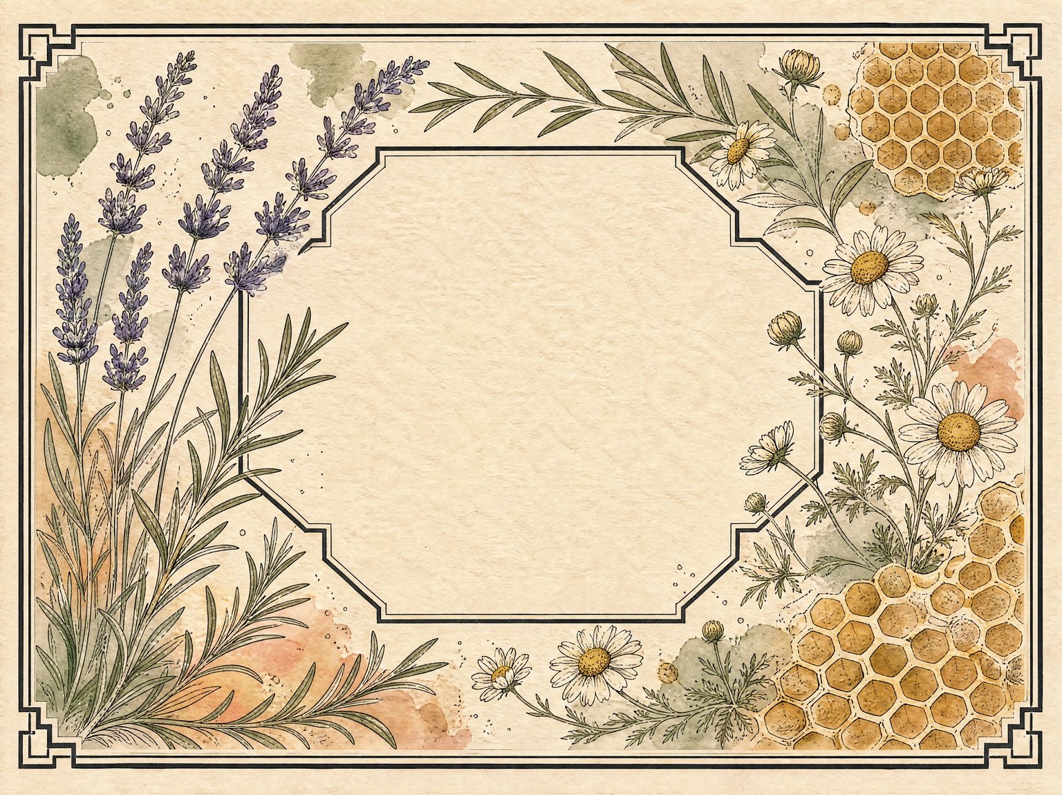 Flat 2D botanical apothecary and candle jar wrap label on unbleached cotton board with a double-ruled charcoal ink border framing lavender sprigs, rosemary, chamomile blossoms, and golden honeycomb around an open central parchment reserve