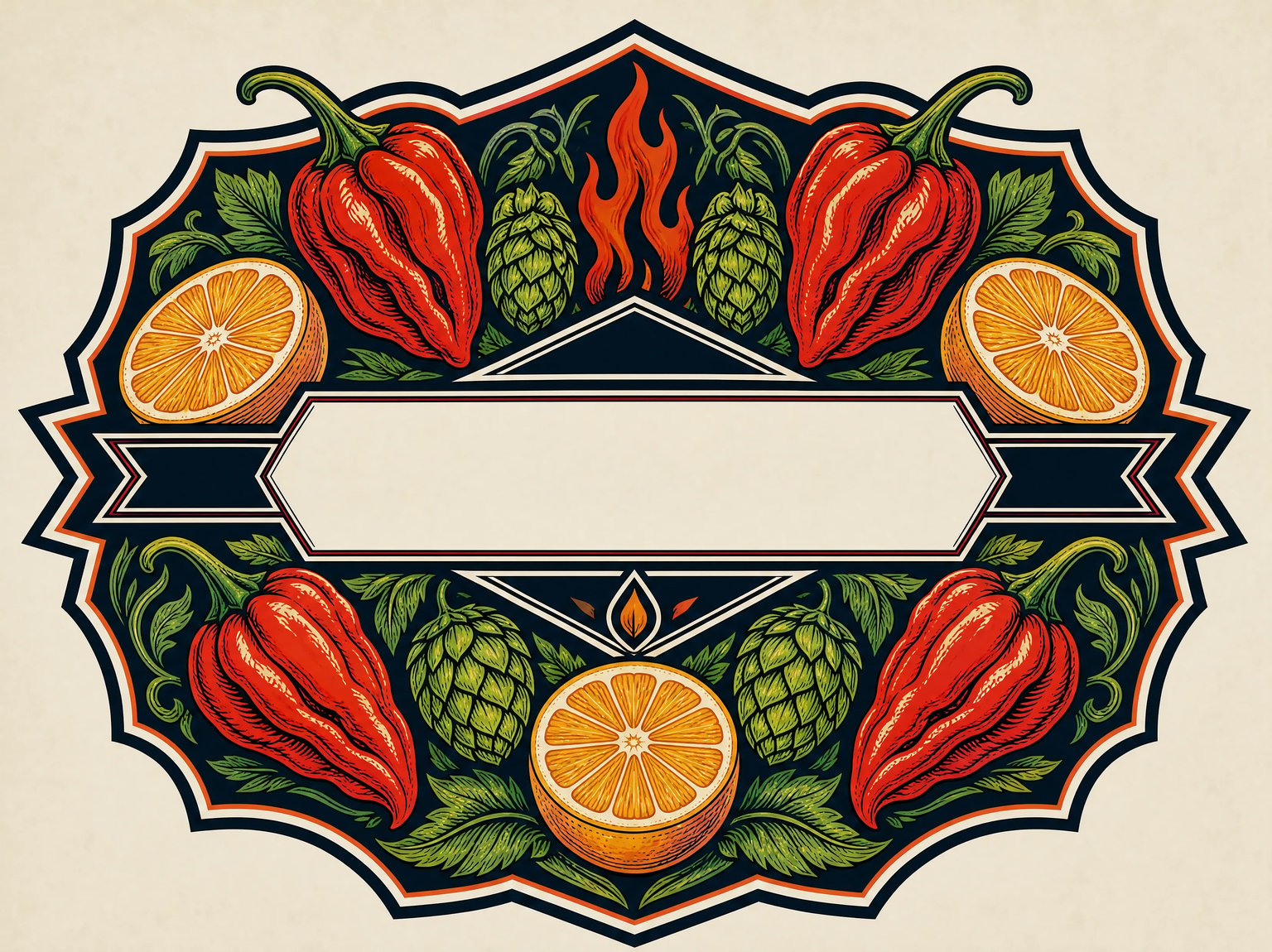 Flat 2D craft beer and hot sauce die-cut shield badge label showing symmetrical block-print illustrations of red habanero chilies, golden citrus slices, and green hop cones around a clean cream central ribbon banner