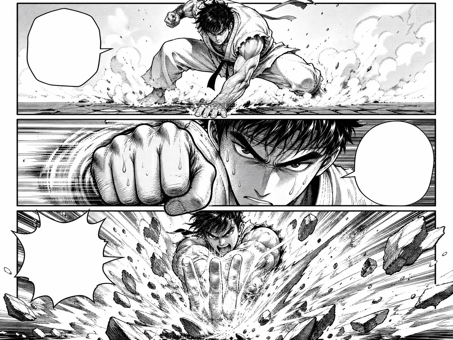 Shonen battle action comic sequence with dramatic speed lines and impact effects