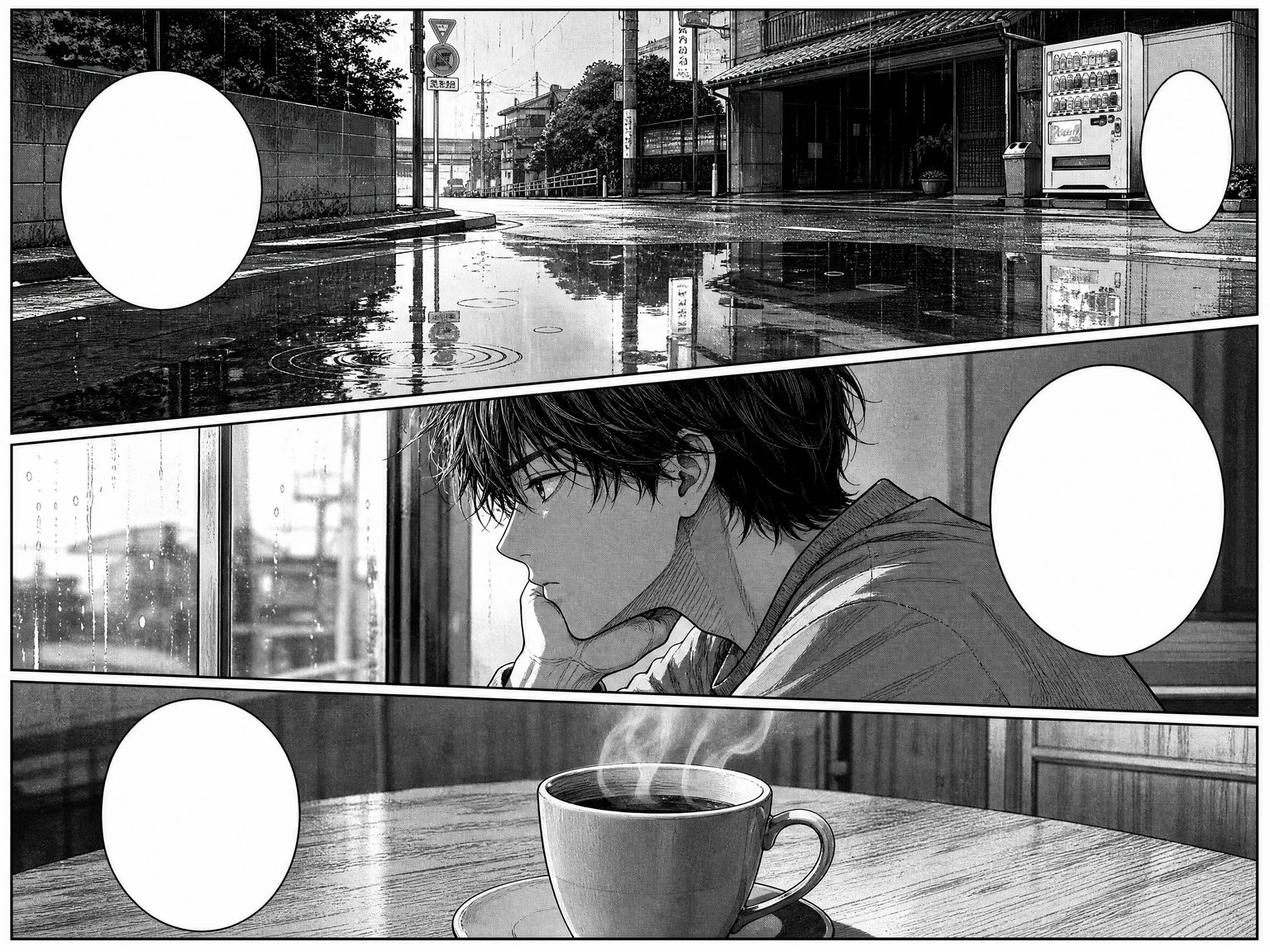 Atmospheric seinen comic layout with delicate screentone shading and moody reflections