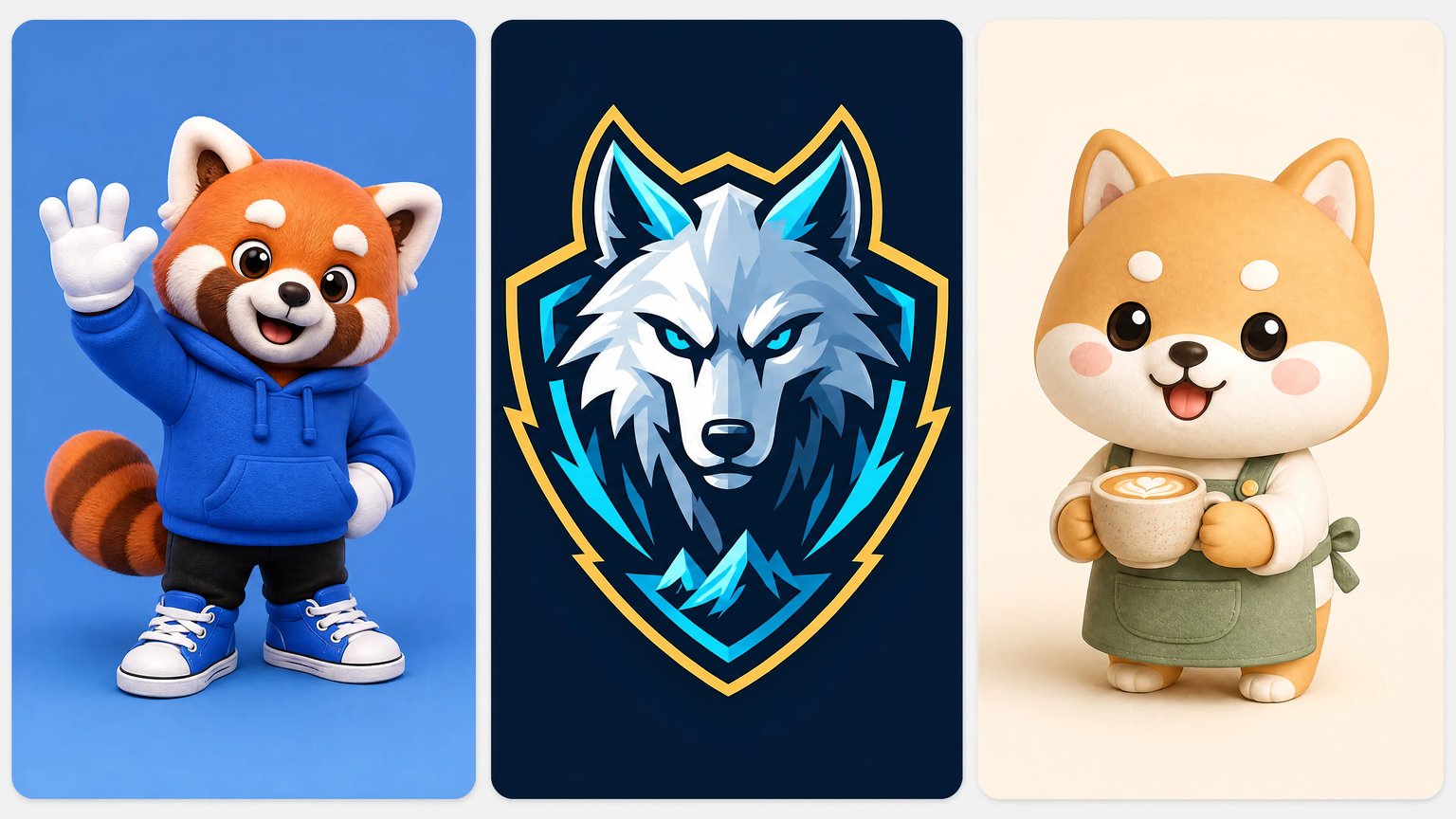 AI mascot generator showcase displaying three custom mascot characters side by side: a 3D clay red panda software mascot in a cobalt-blue hoodie waving on the left, a flat-vector arctic wolf esports shield crest in the center, and a kawaii chibi Shiba Inu barista mascot in a green apron on the right