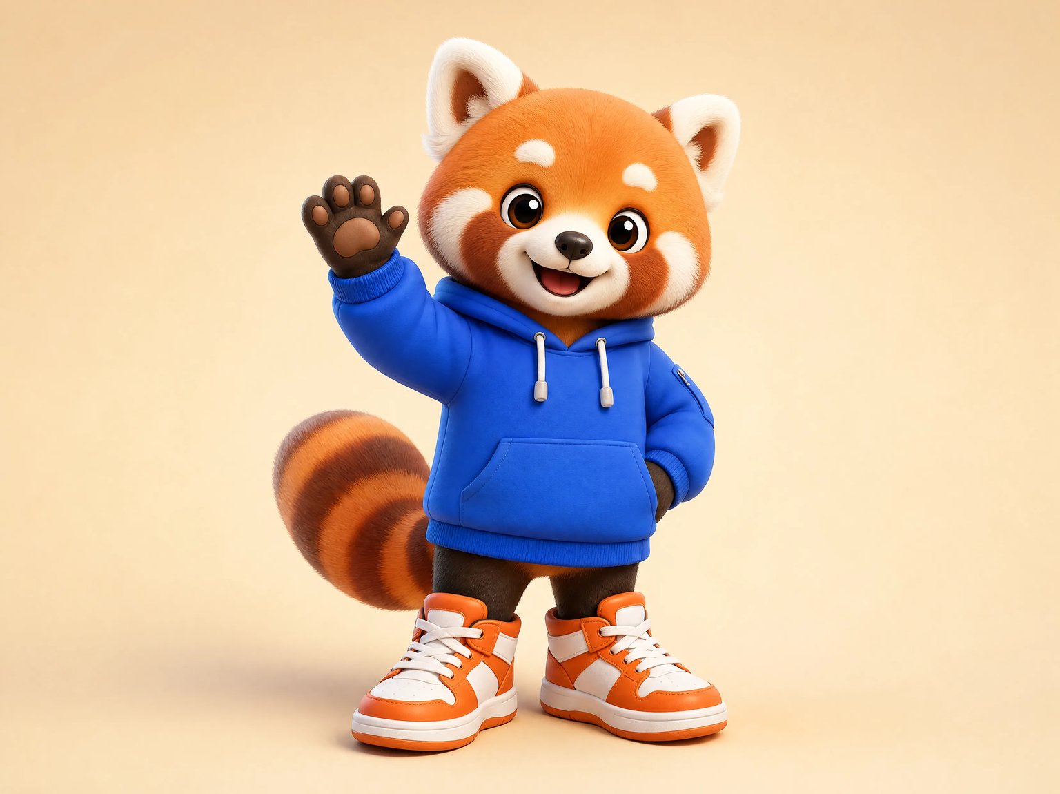 3D clay and vinyl toy red panda software app mascot in a cobalt-blue hoodie and orange-and-white high-top sneakers waving cheerfully on a warm cream studio background