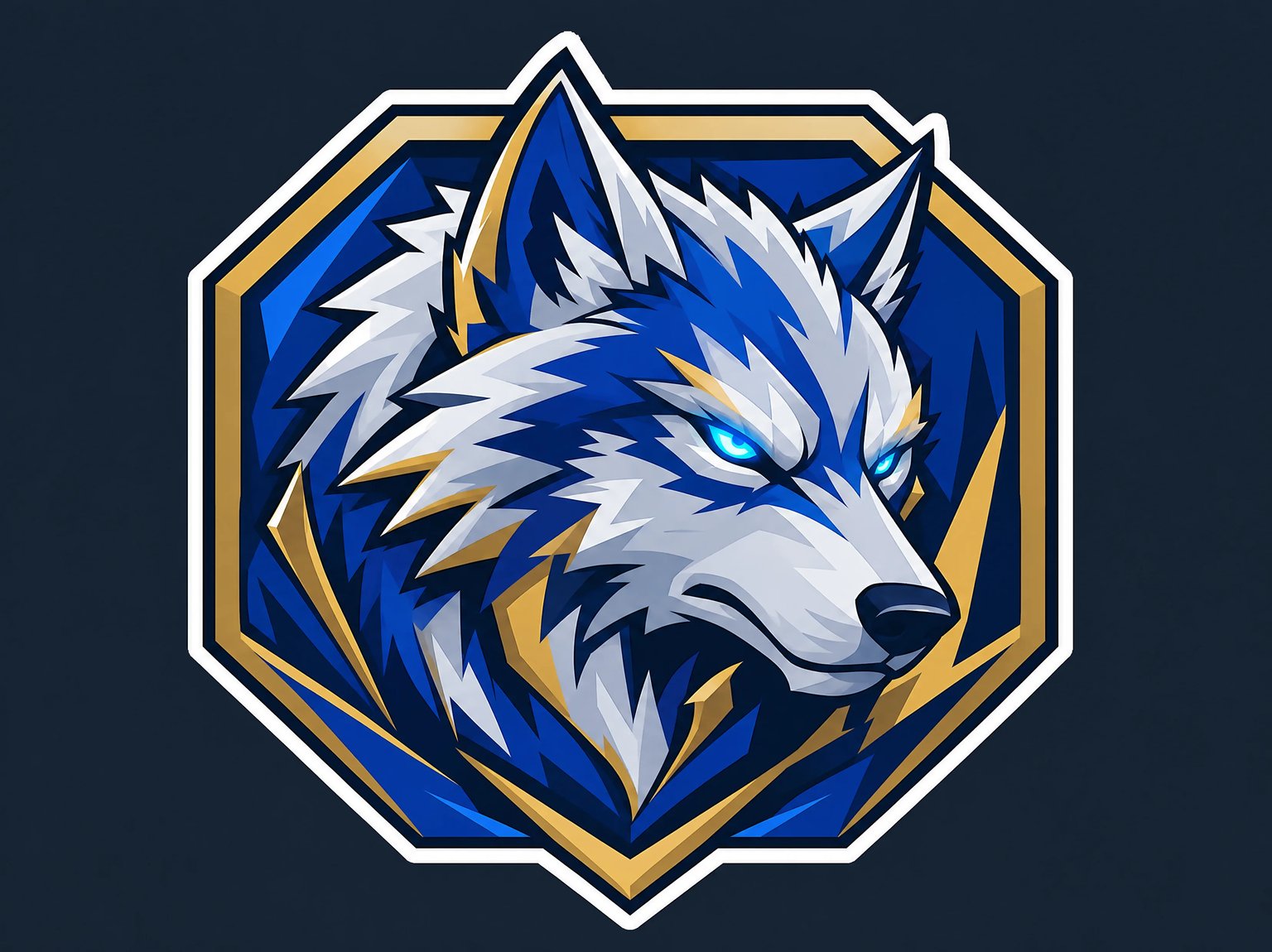 Flat 2D vector-style arctic wolf esports and sports team mascot crest in royal blue, ice silver, and gold inside an octagonal shield badge with a white keyline on dark slate