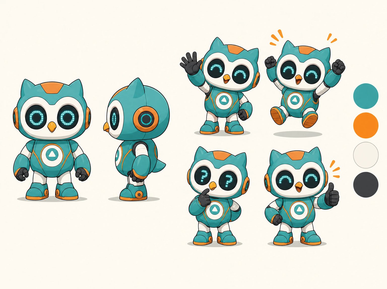 Multi-pose brand mascot character reference sheet of a kawaii teal-and-tangerine robot-owl mascot showing front and side turnaround views on the left and four action expressions with color swatches on the right