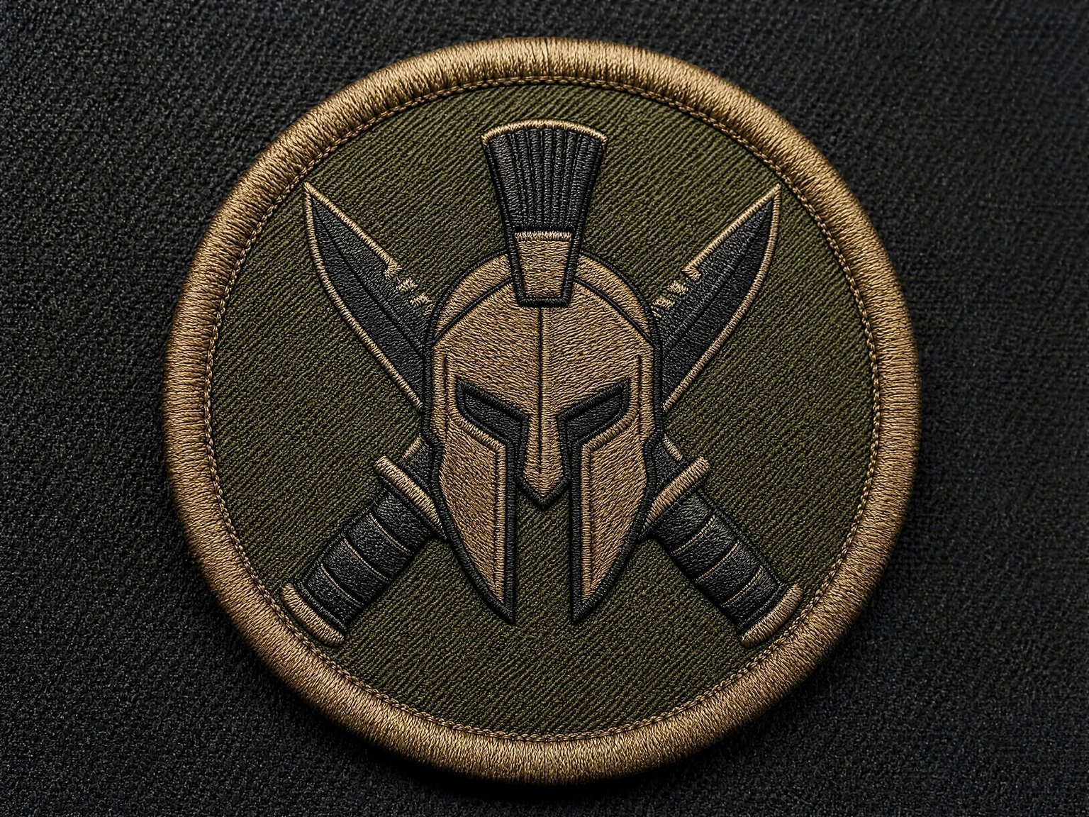 Tactical military morale patch with spartan helmet emblem, coyote tan merrowed border, and ranger green twill background