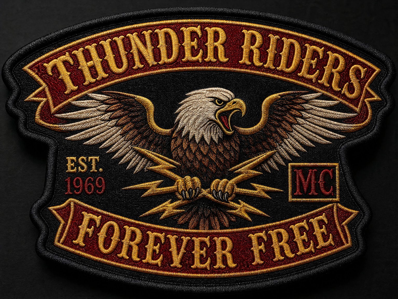 Vintage motorcycle club arched rocker backpatch featuring an eagle emblem with gold satin stitching on black twill