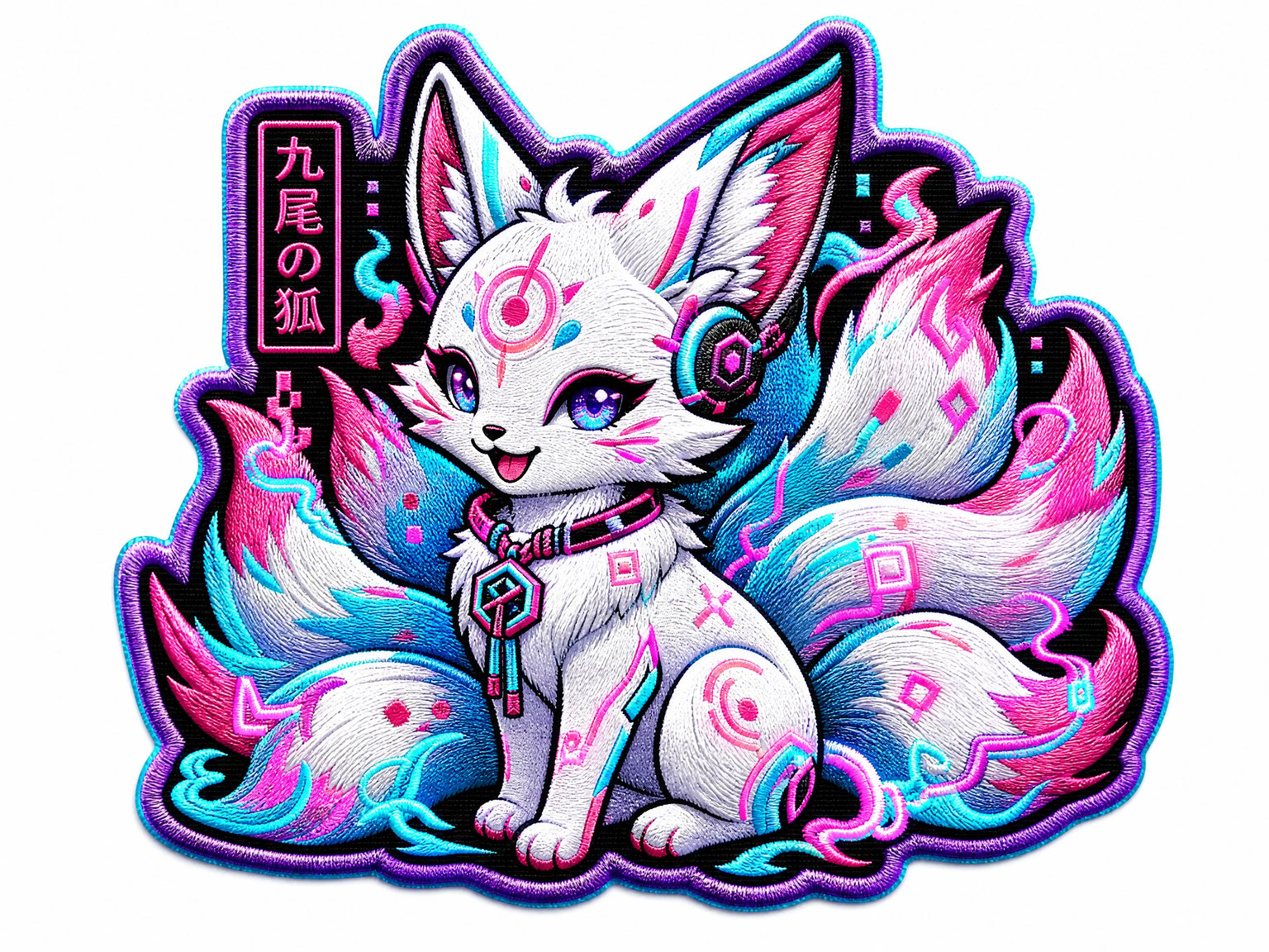 Vibrant Japanese anime kawaii fox mascot embroidered patch with neon purple and cyan satin thread and merrowed border