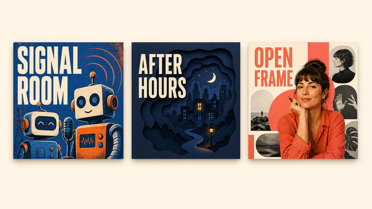 Three podcast cover concepts: blue-orange robot hosts titled SIGNAL ROOM, a layered night city titled AFTER HOURS, and a coral editorial portrait titled OPEN FRAME.