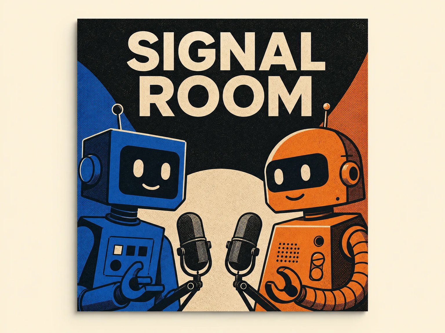 SIGNAL ROOM cover concept with blue and orange robot hosts, two microphones, bold cream lettering, and screen-print texture.