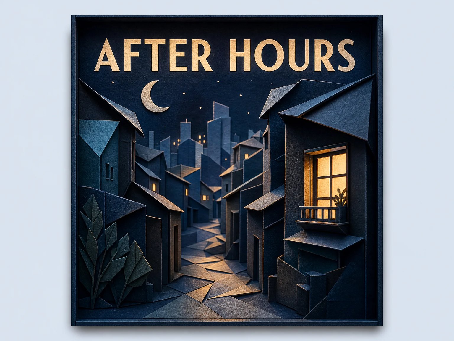 AFTER HOURS cover concept showing an indigo paper-crafted city, warm illuminated windows, and large gold-toned lettering.